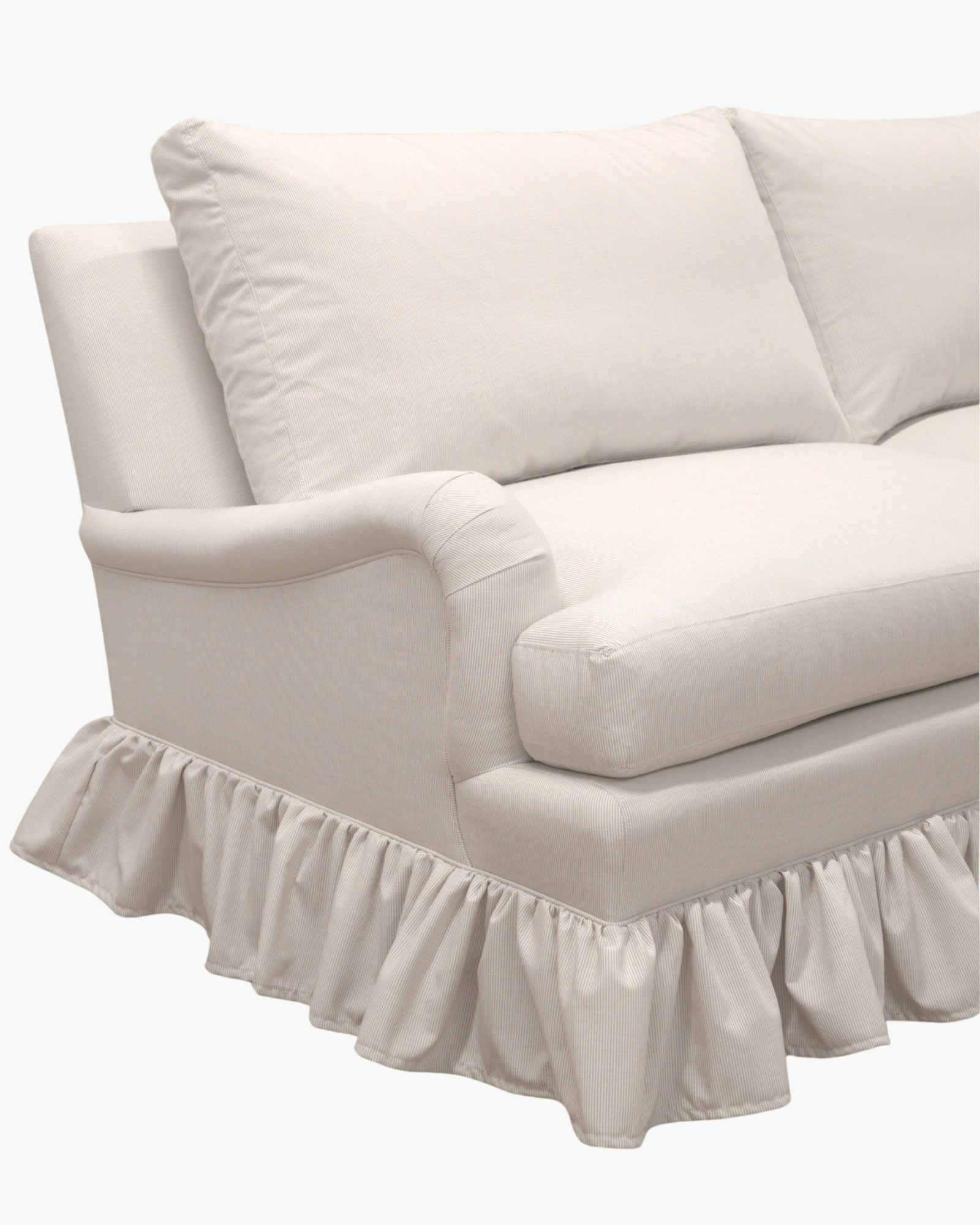 FACTORY | Aurora Ruffle Sofa in Sunbrella® Performance Pinstripe Caramel