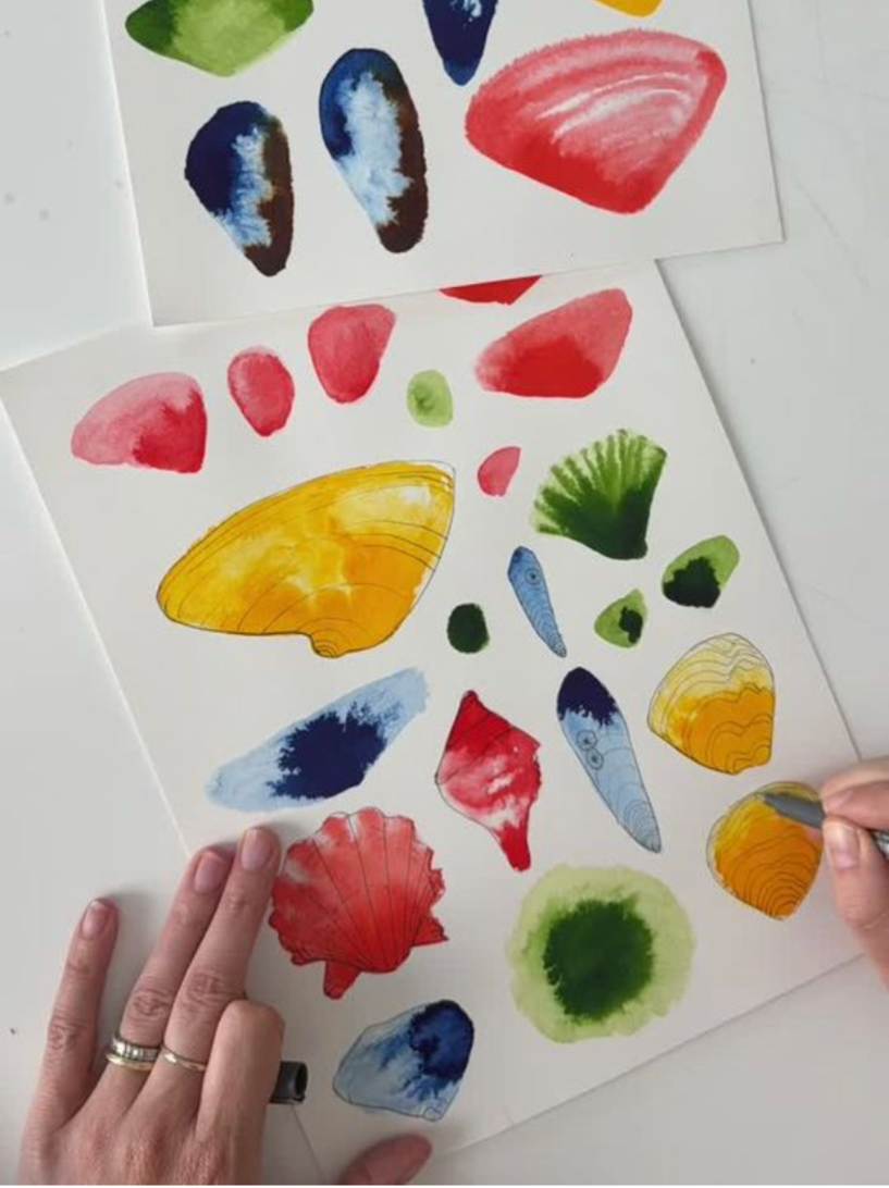 <p>My abstract shell collection is a playful departure from my more structured work. It brings together my fluid "blob" paintings which are made with colored inks applied by dropper rather than brush, and the more representational shells I've become known for. This brand-new collection was created exclusively for Society Social, we hope you love it as much as I do!<p>-Lia