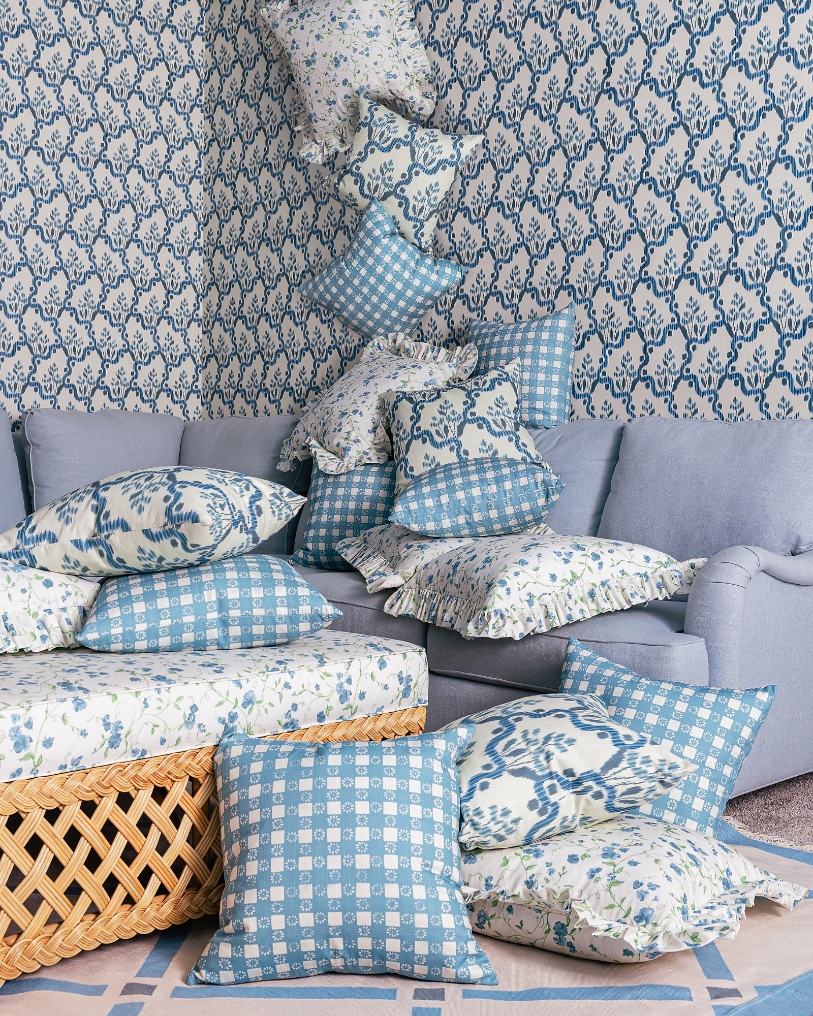 Provence Trellis Weave Ottoman in The Keeping House Vera Blue/Green