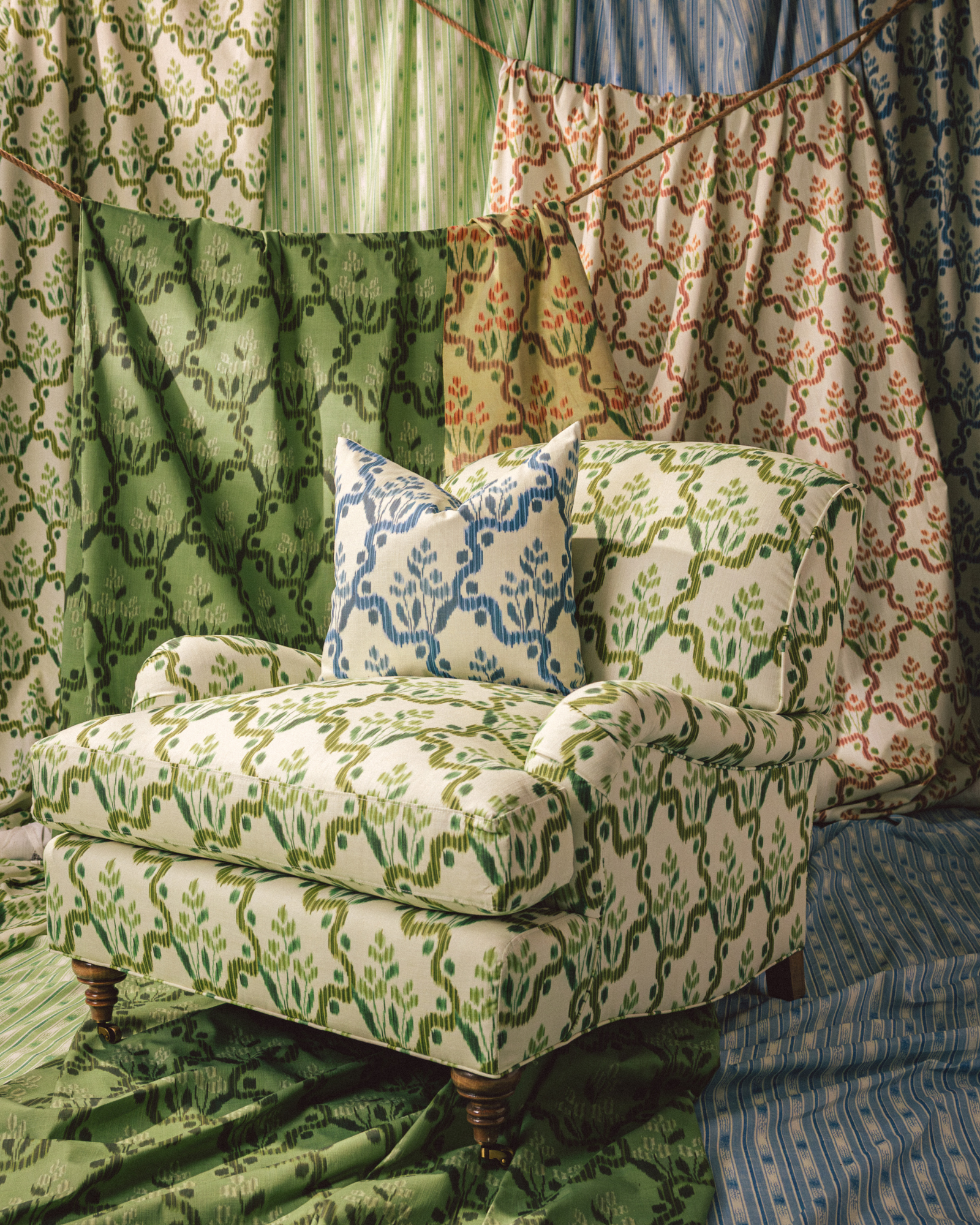 Aurora Roll Arm Tight Back Chair in The Keeping House Heirloom Ogee Ikat Olive