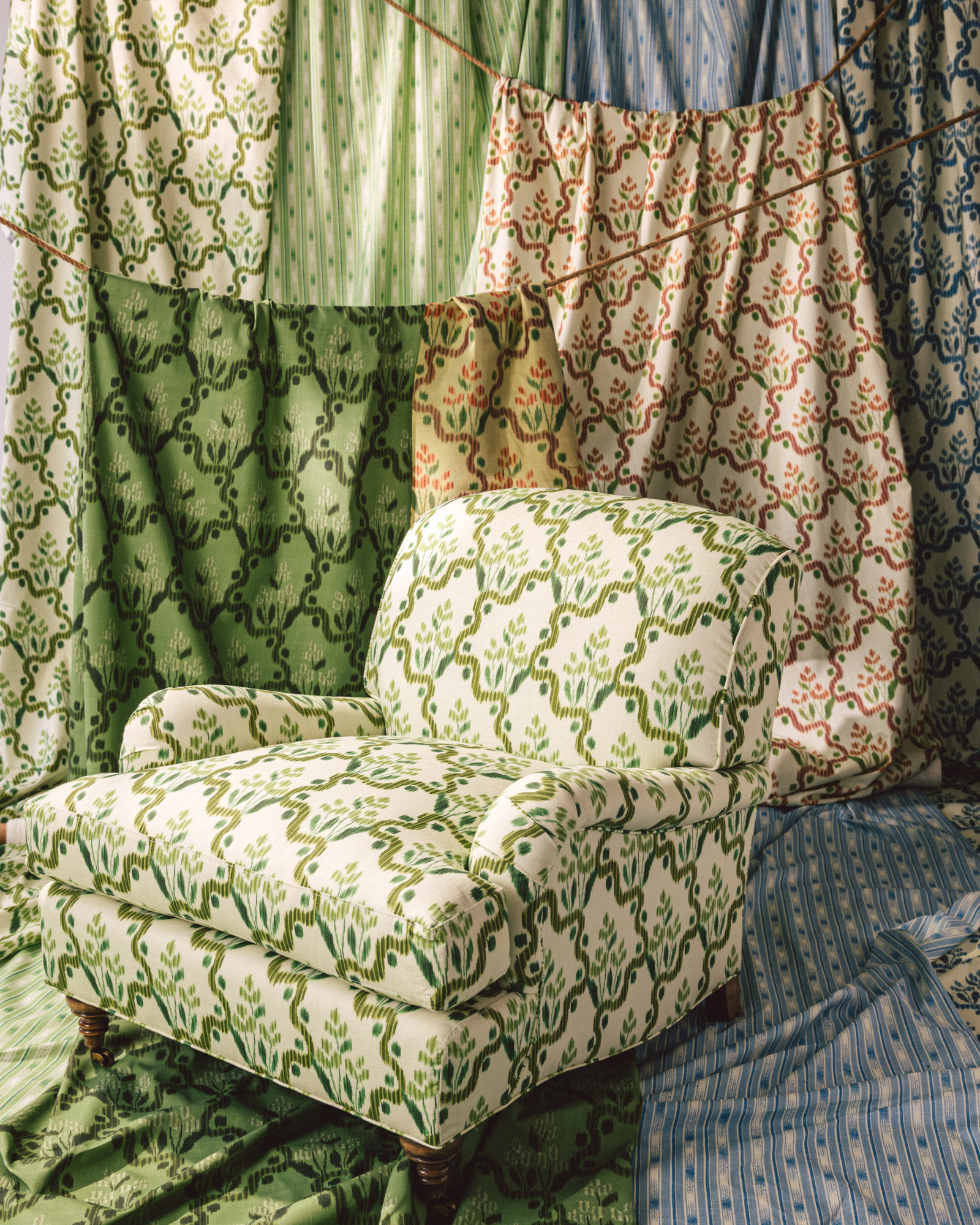 Aurora Roll Arm Tight Back Chair in The Keeping House Heirloom Ogee Ikat Olive