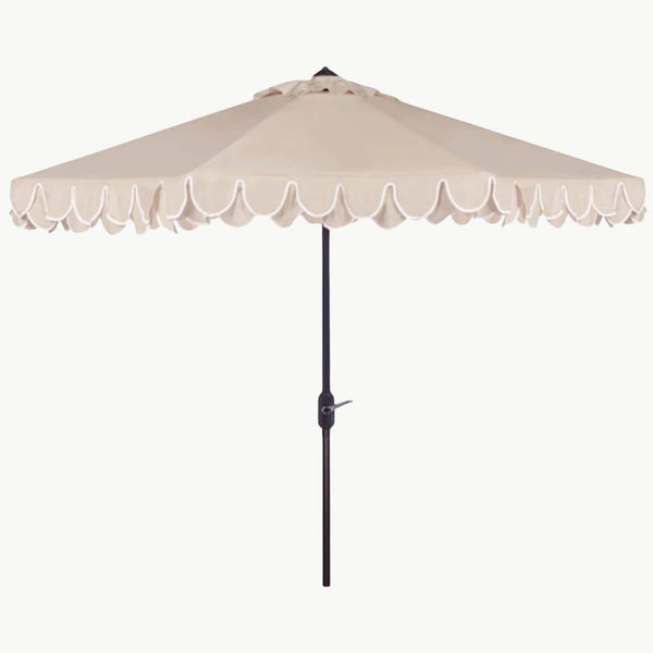beige patio umbrella with white fringe Amalfi Double Scalloped Umbrella in Beige & White