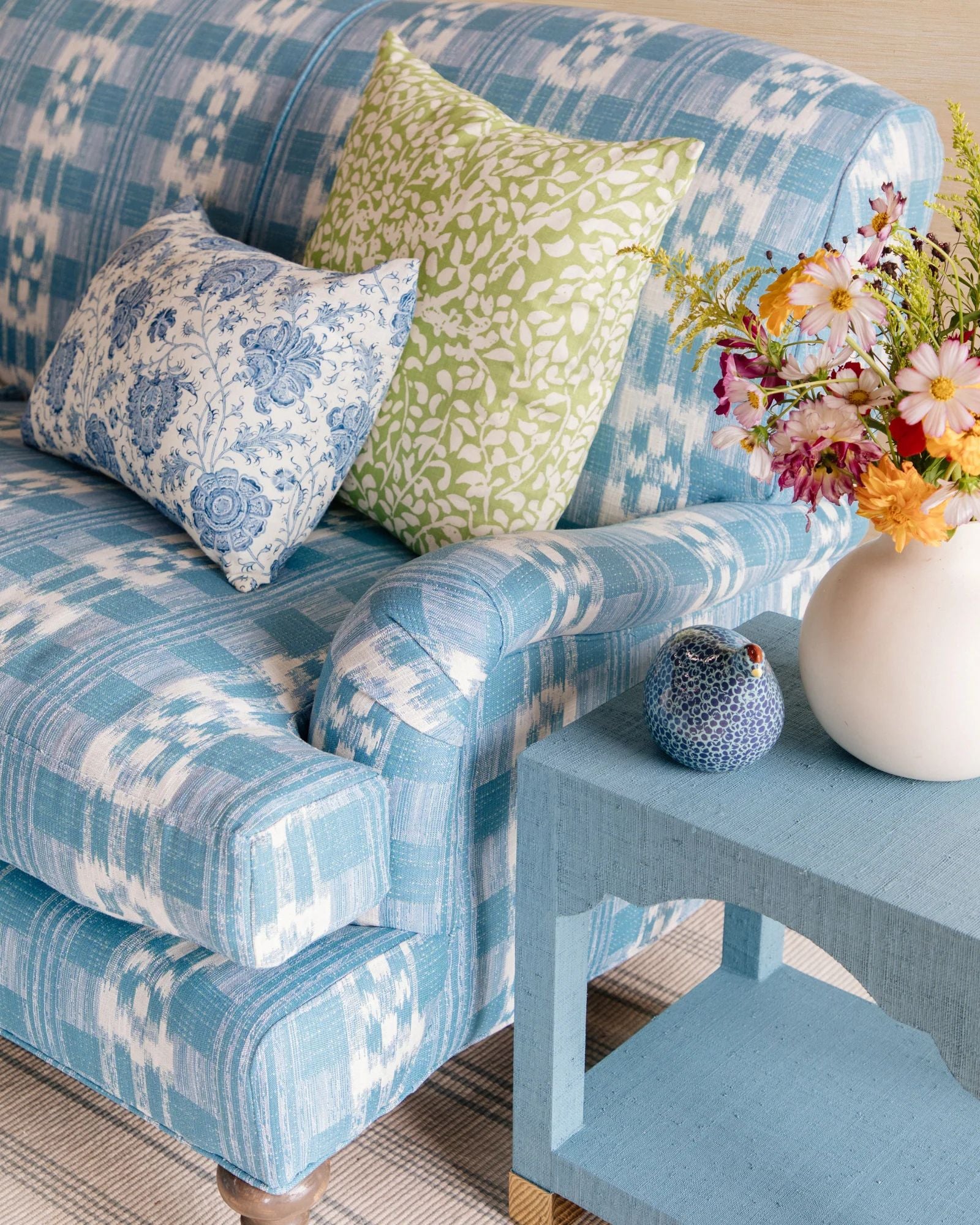 Aurora Roll Arm Tight Back Sofa in Sister Parish Mahalo