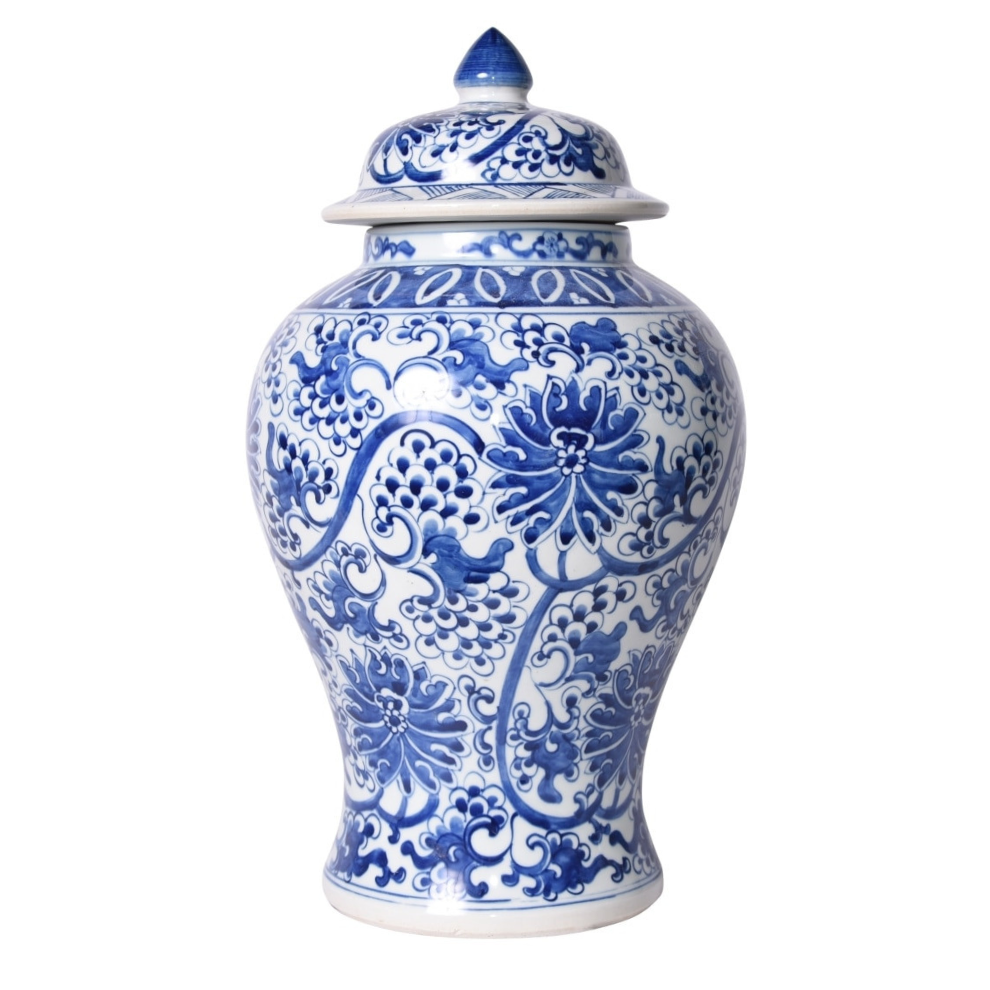 Blue and White Aviary Scroll Temple Jar