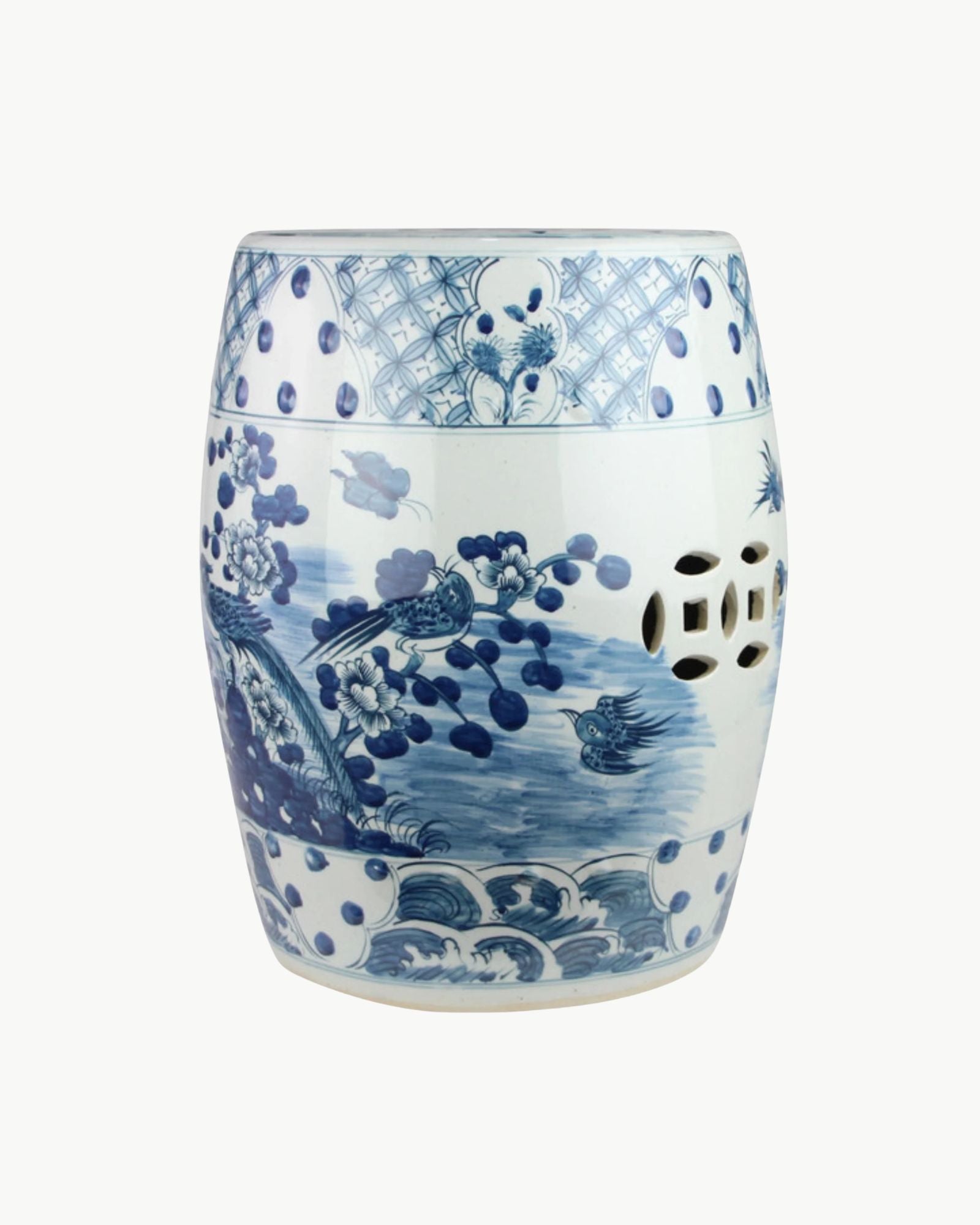 Blue and White Floral Aviary Garden Stool