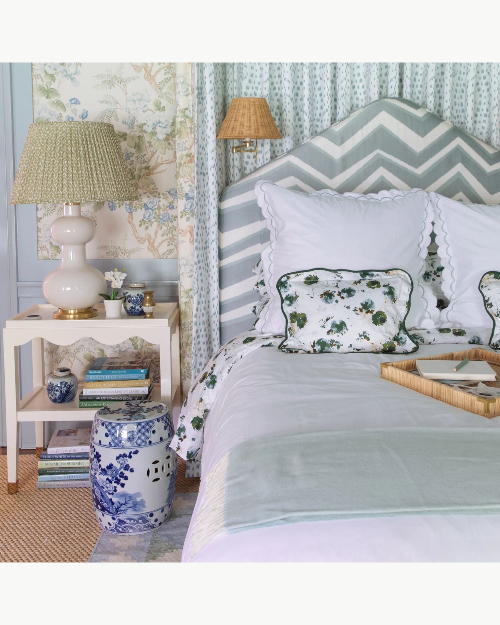 Blue and White Floral Aviary Garden Stool