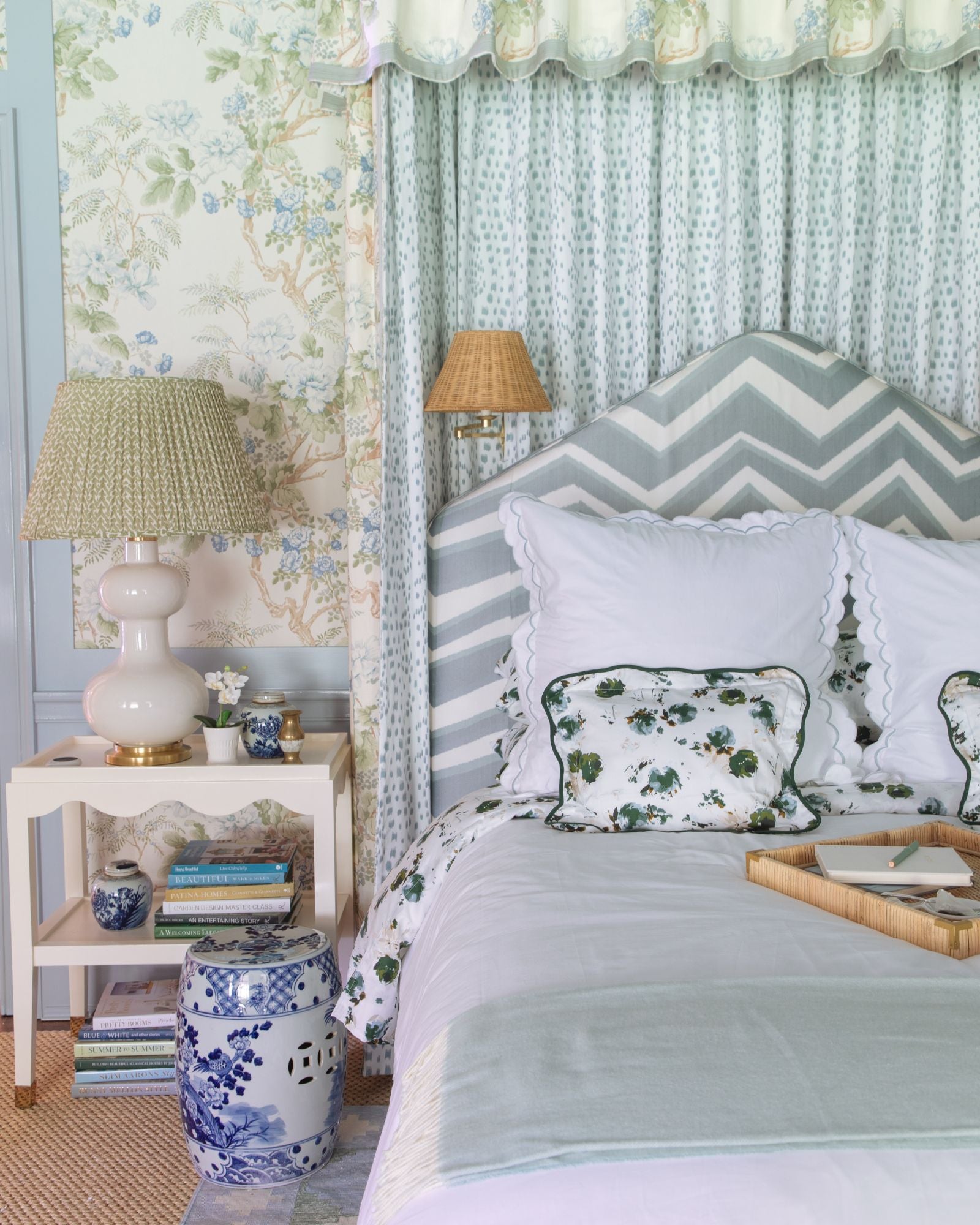 Blue and White Floral Aviary Garden Stool