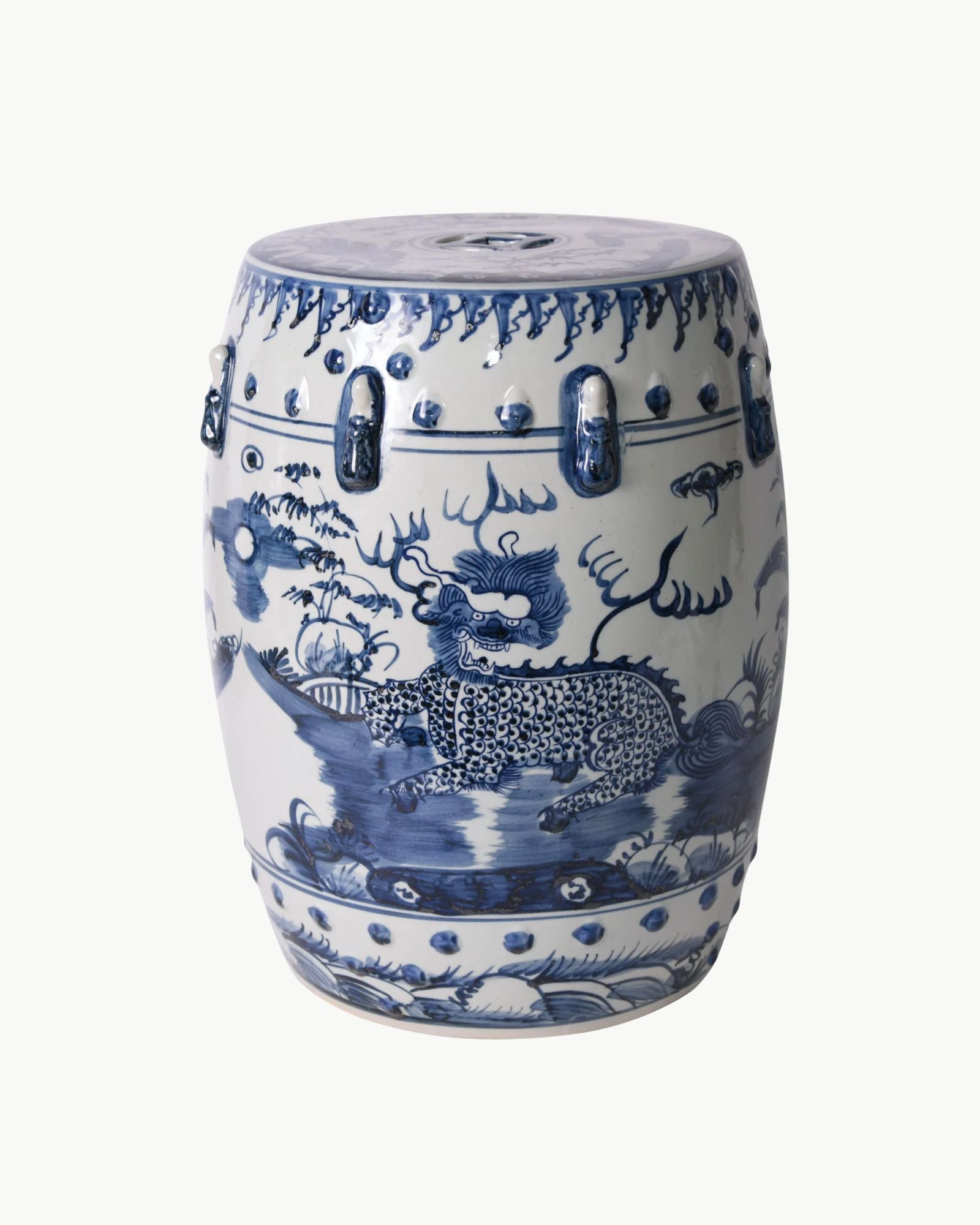 Blue and White Lion Motif Garden Stool