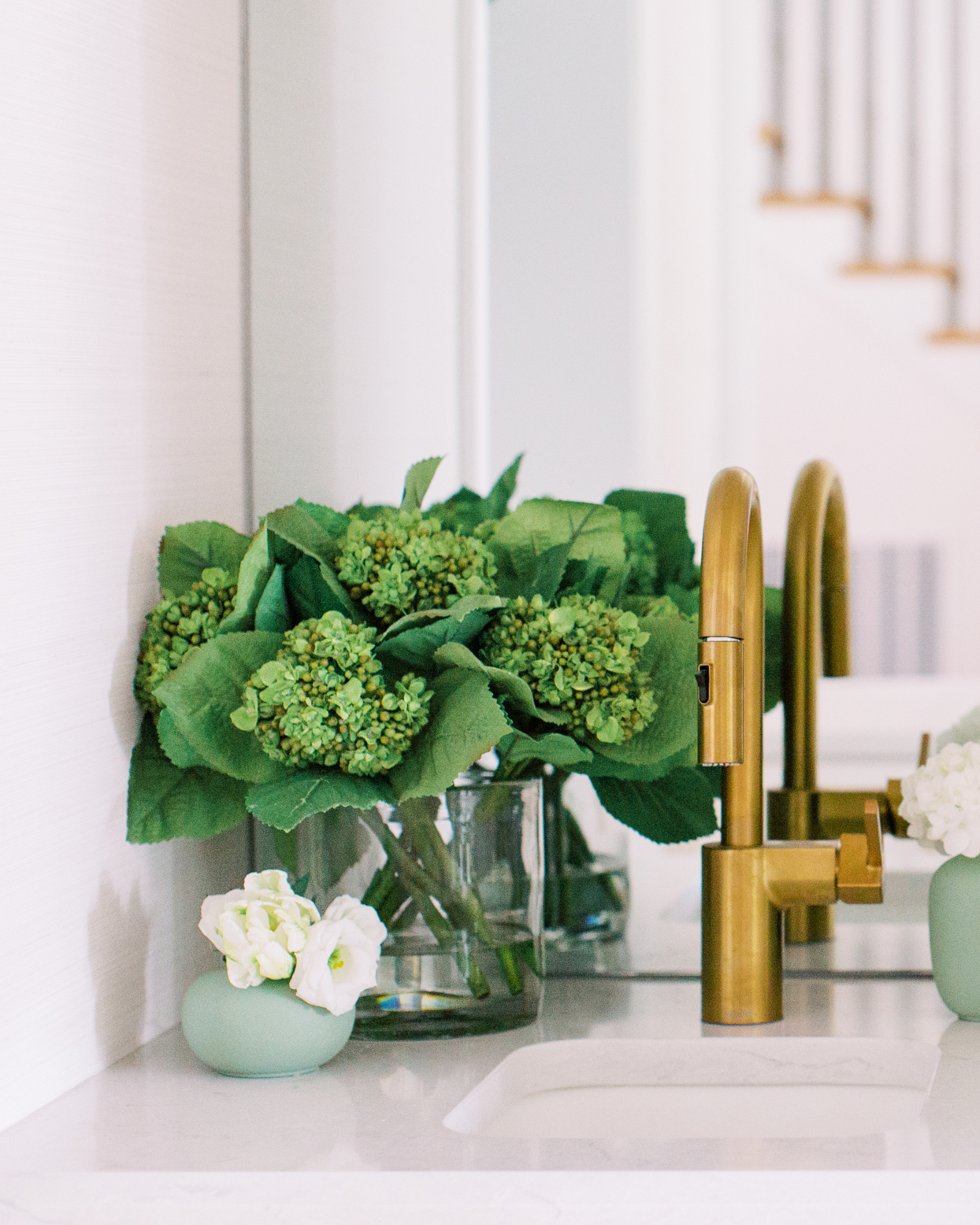 Green Hydrangea Bud Arrangement in Glass Vase