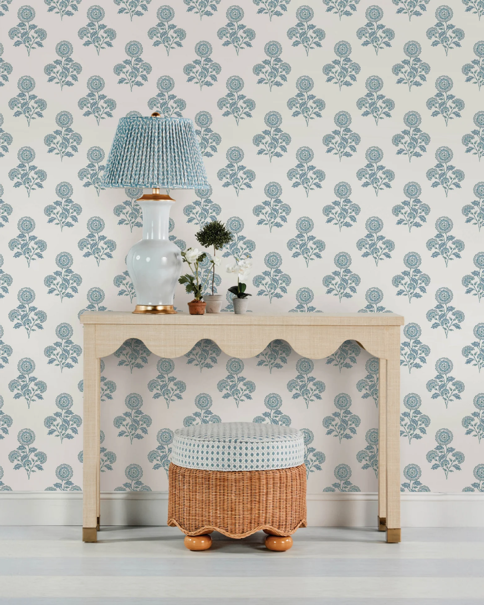 Flourish Block Print Blue on Blue Peel and Stick Wallpaper