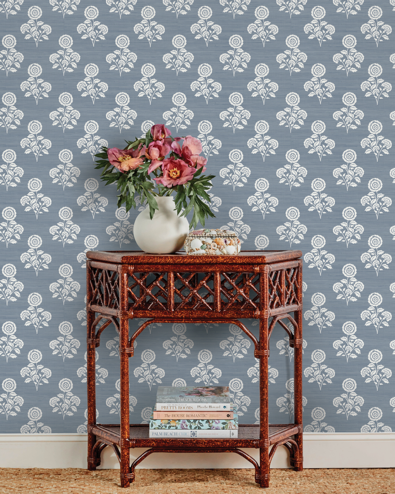 Flourish Block Print Mineral Blue Faux Grasscloth Peel and Stick Wallpaper