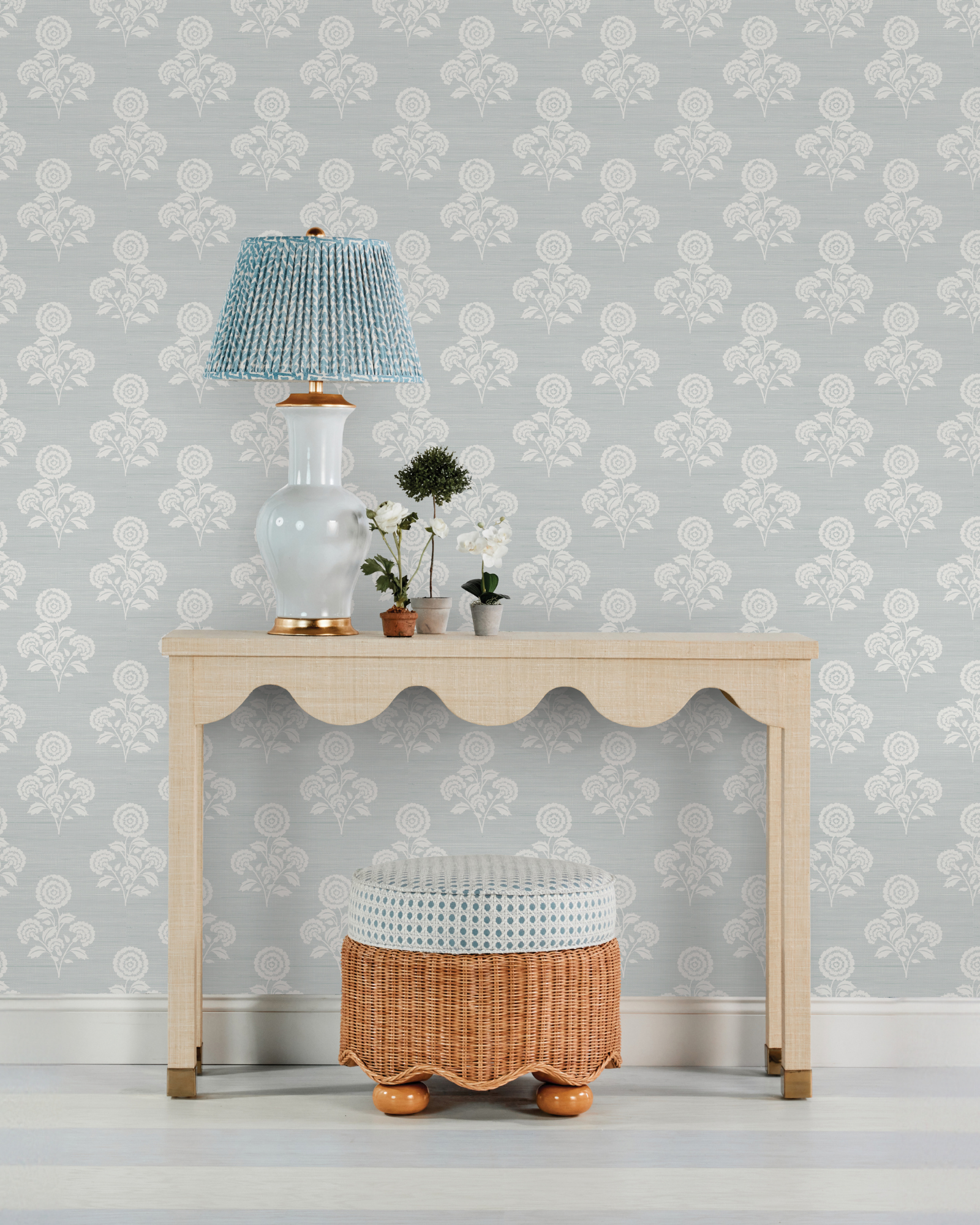 Flourish Block Print Whisper Blue Faux Grasscloth Peel and Stick Wallpaper