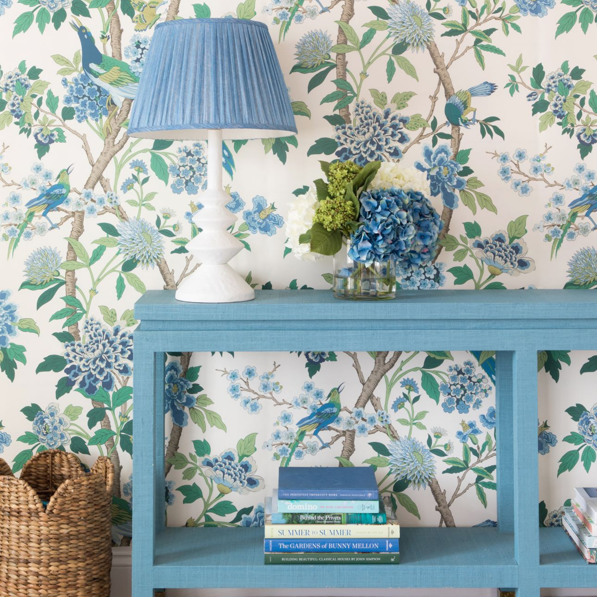 Hydrangea Bird in Emerald and Blue Wallpaper