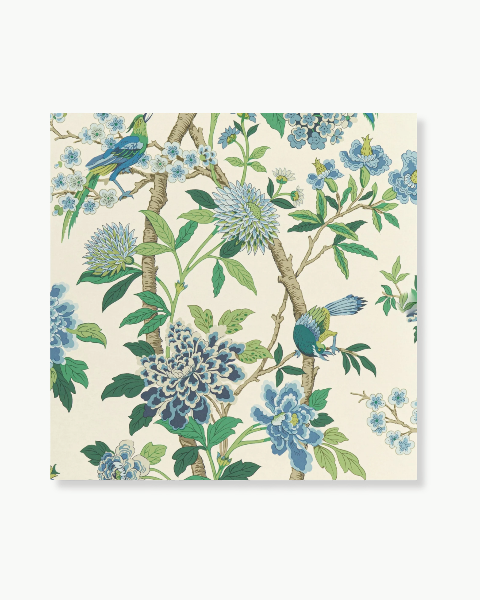 Hydrangea Bird in Emerald and Blue Wallpaper