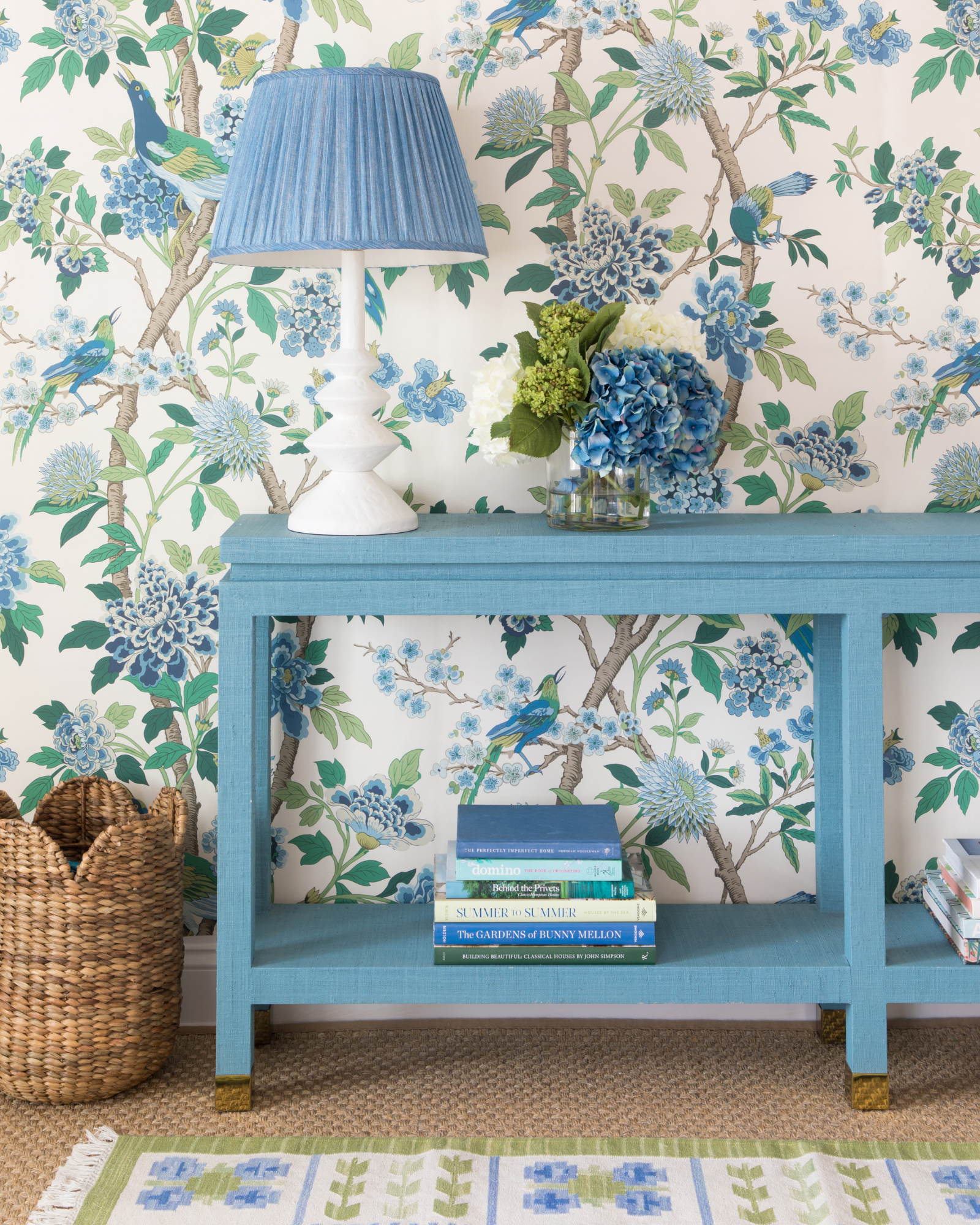 Hydrangea Bird in Emerald and Blue Wallpaper