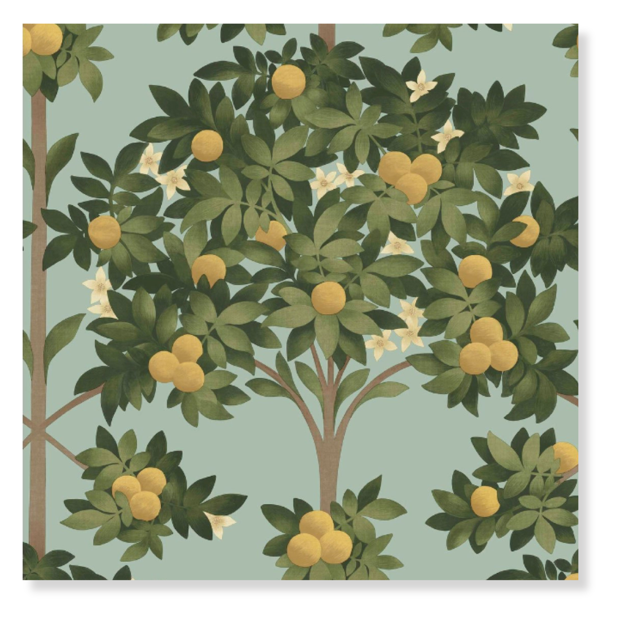 Orange Blossom in Lemon, Dark Olive Green and Duck Egg Wallpaper