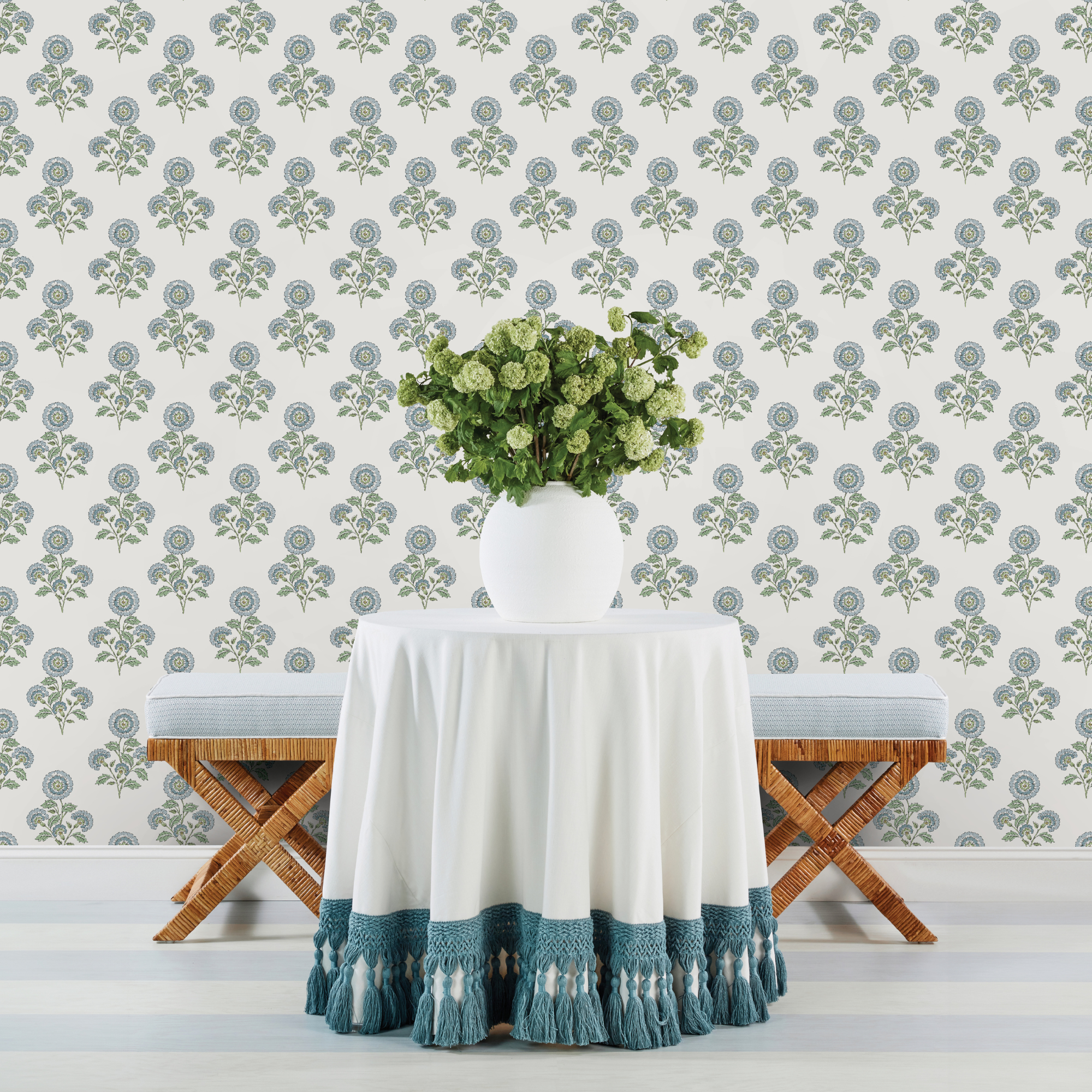 Flourish Block Print Blue and Green Multi Peel and Stick Wallpaper Sample
