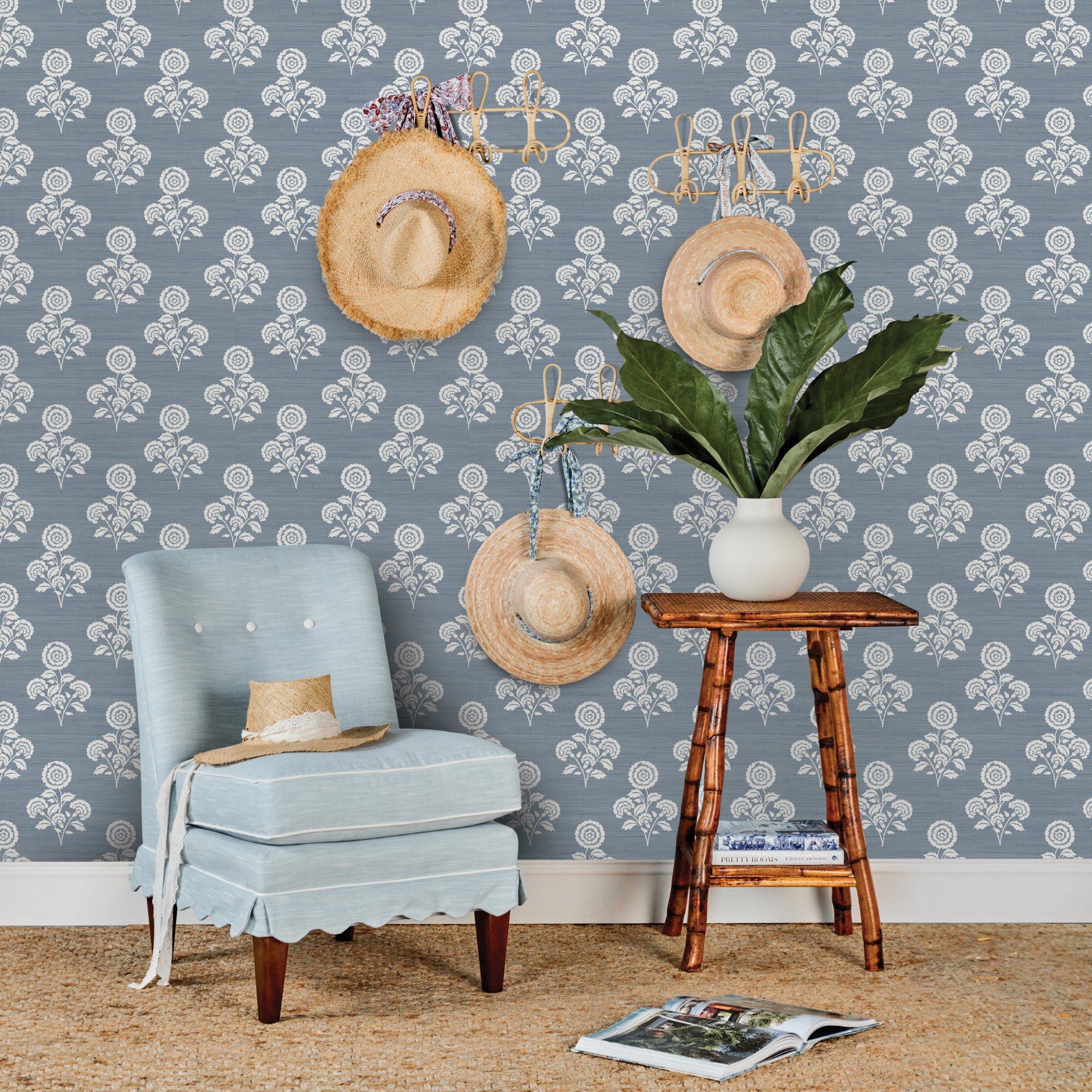 Flourish Block Print Mineral Blue Faux Grasscloth Peel and Stick Wallpaper