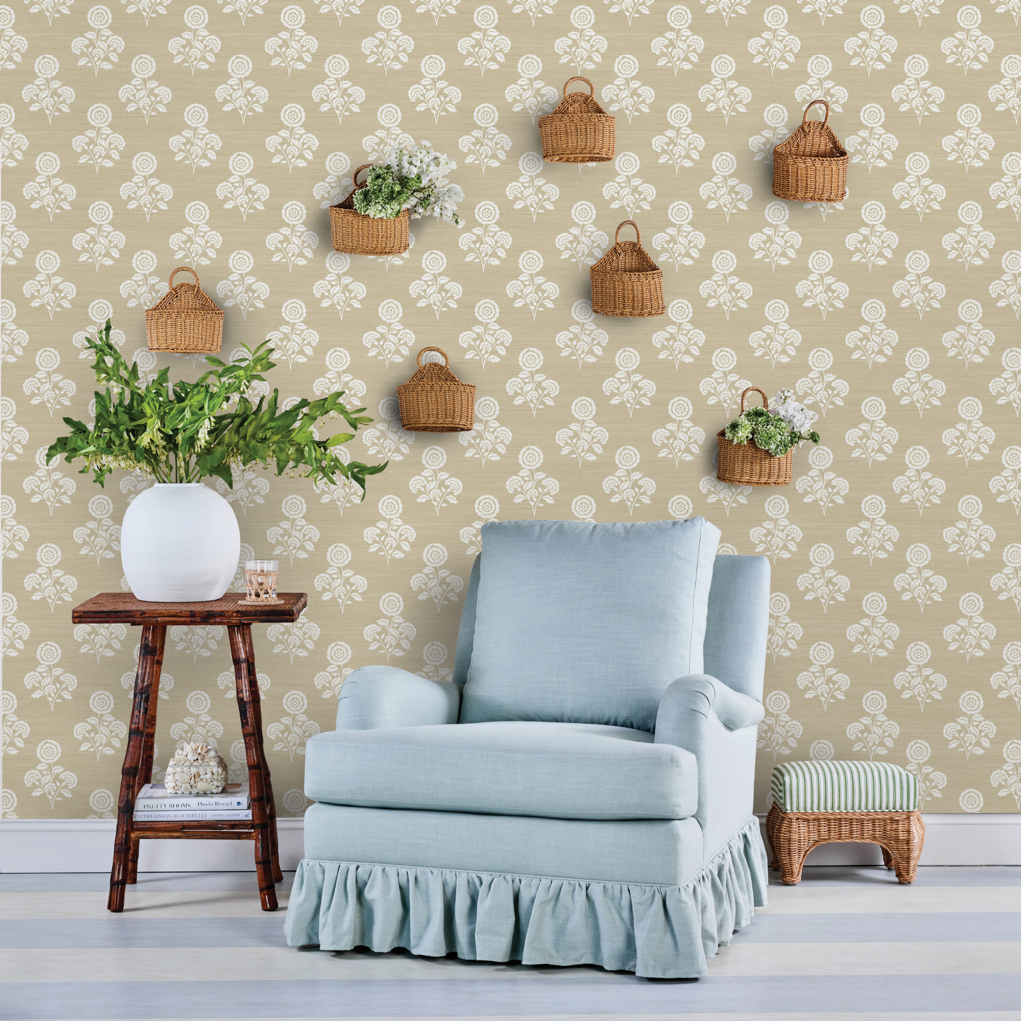 Flourish Block Print Wheat Faux Grasscloth Peel and Stick Wallpaper