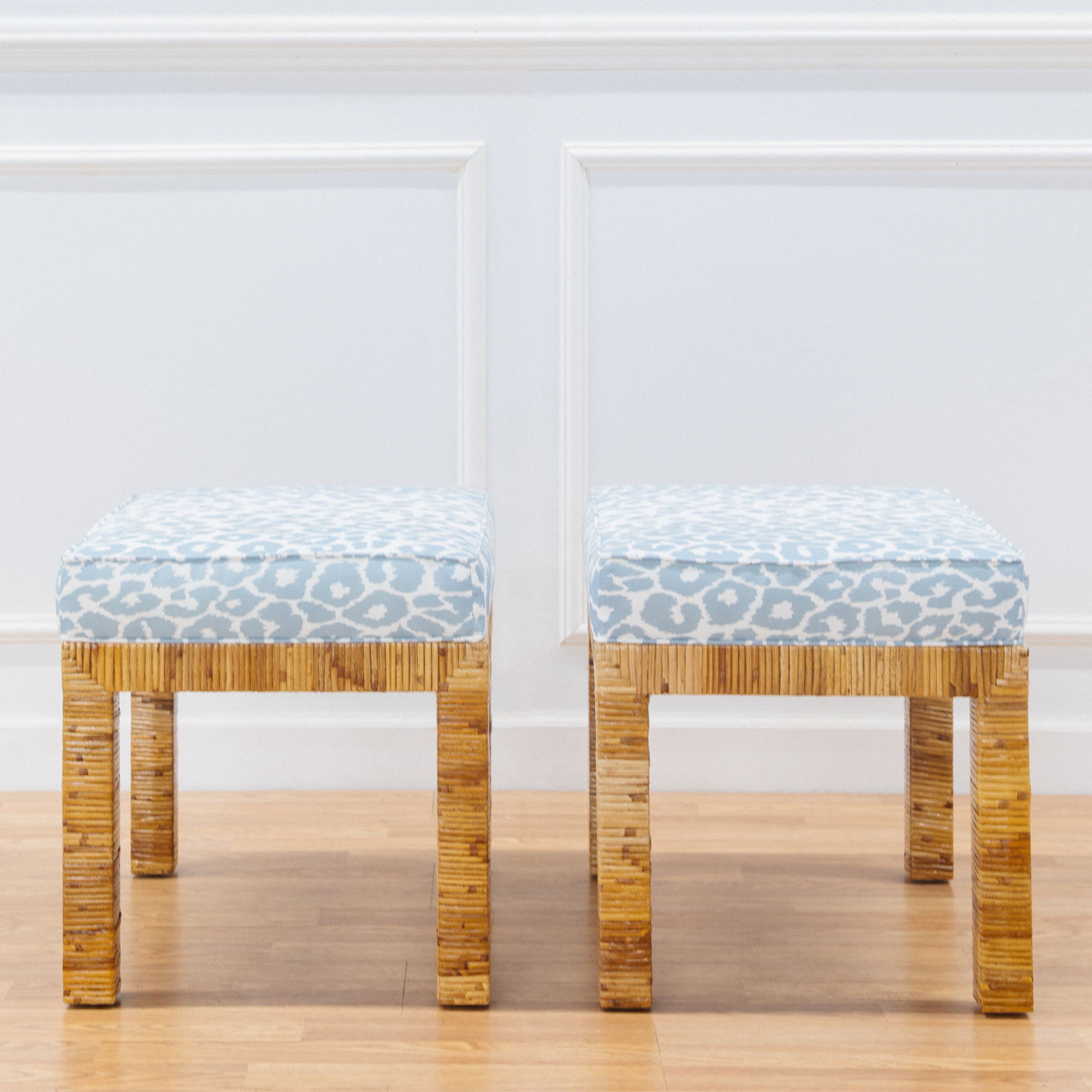 Palmer's Stool - Rattan in Schumacher Iconic Leopard Sky