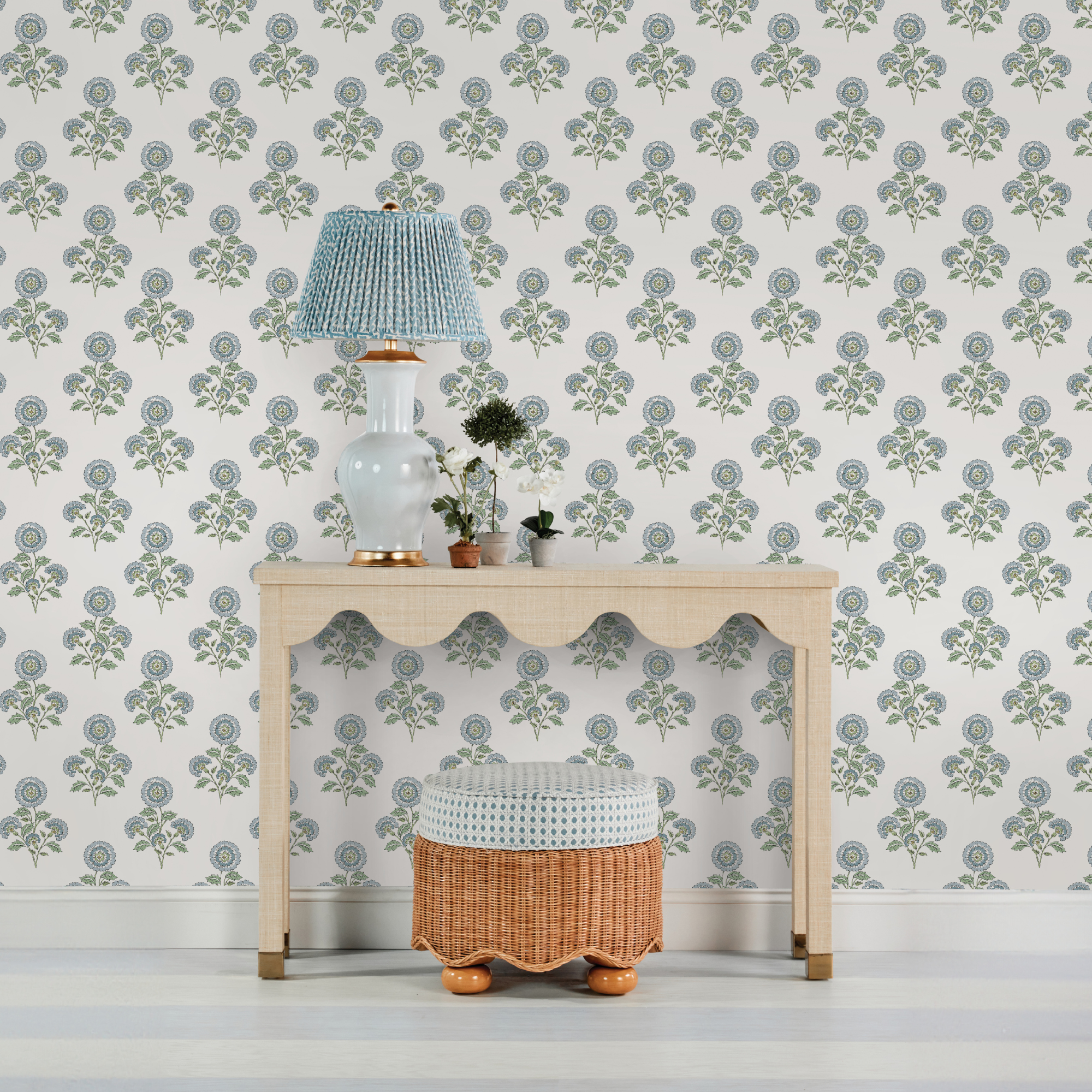 Flourish Block Print Blue and Green Multi Peel and Stick Wallpaper