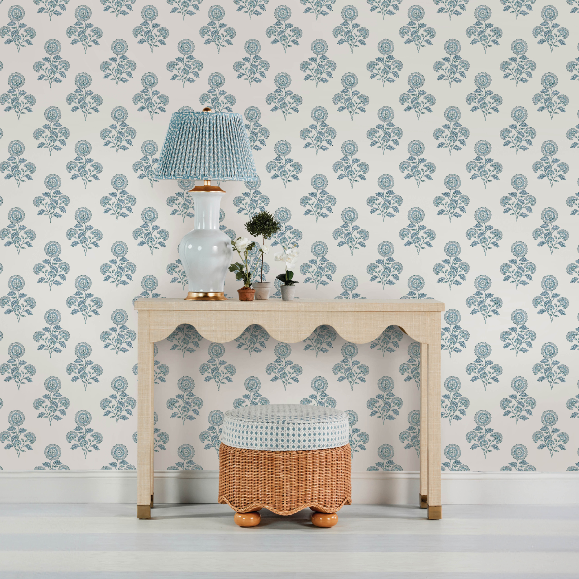 Flourish Block Print Blue on Blue Peel and Stick Wallpaper