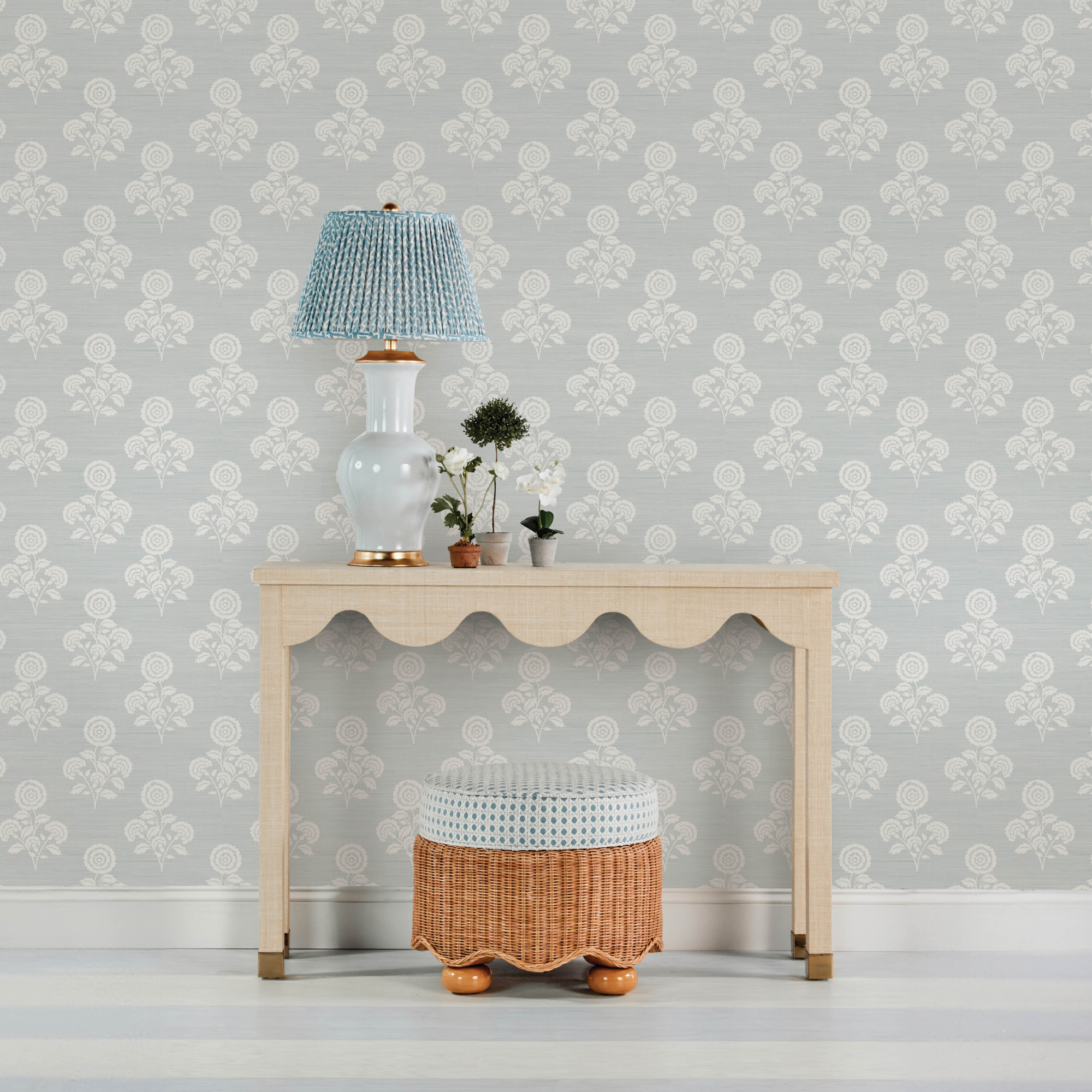 Flourish Block Print Whisper Blue Faux Grasscloth Peel and Stick Wallpaper