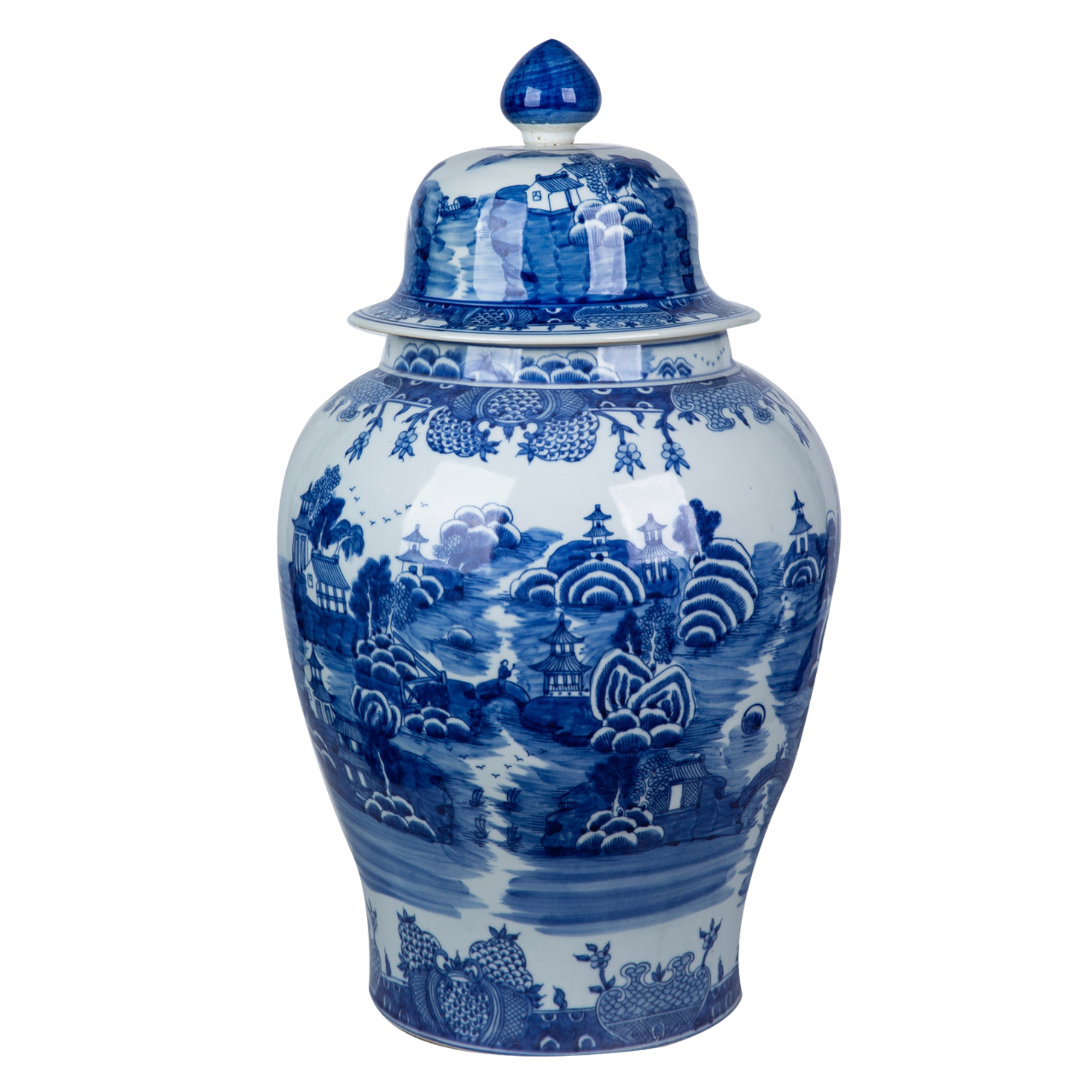 Blue and White Mountain Village Temple Jar
