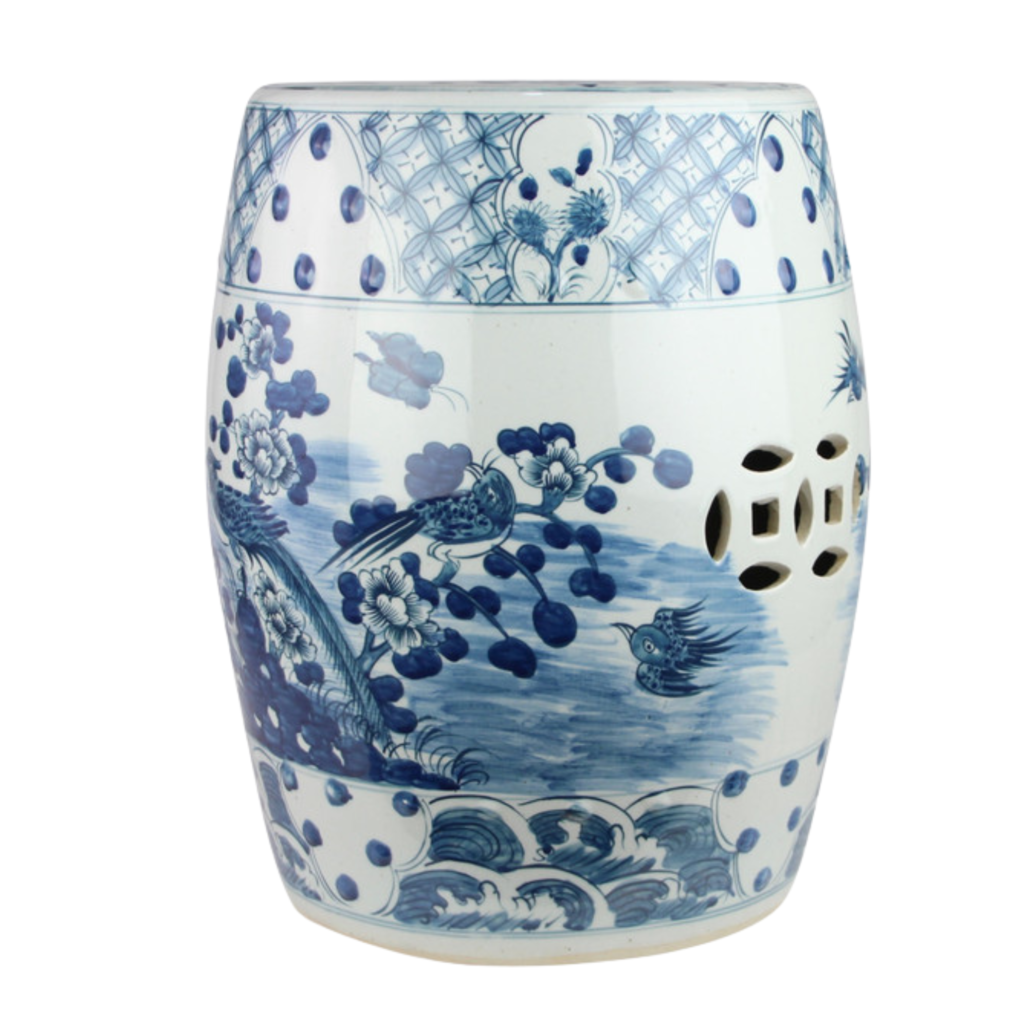Blue and White Floral Aviary Garden Stool