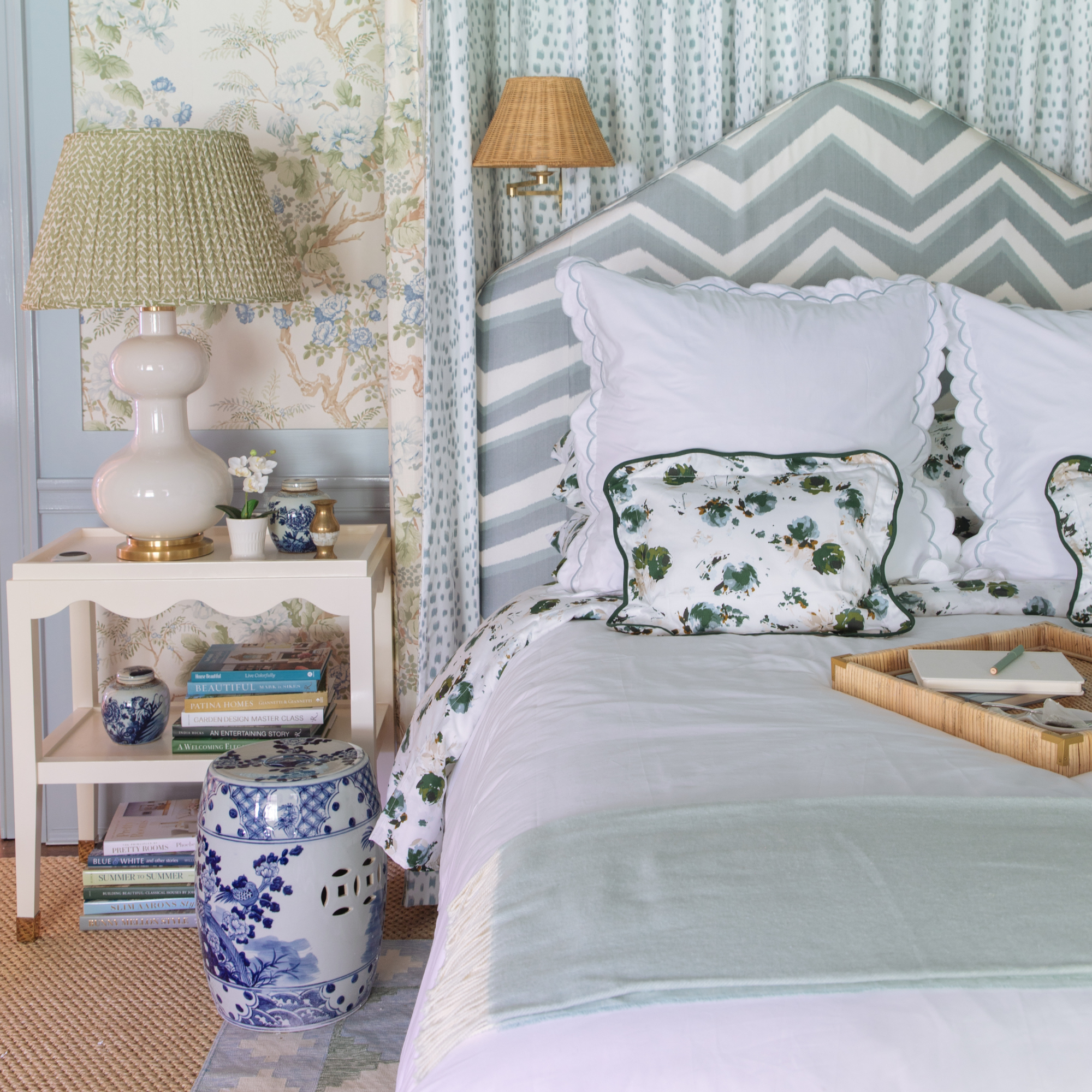 Blue and White Floral Aviary Garden Stool