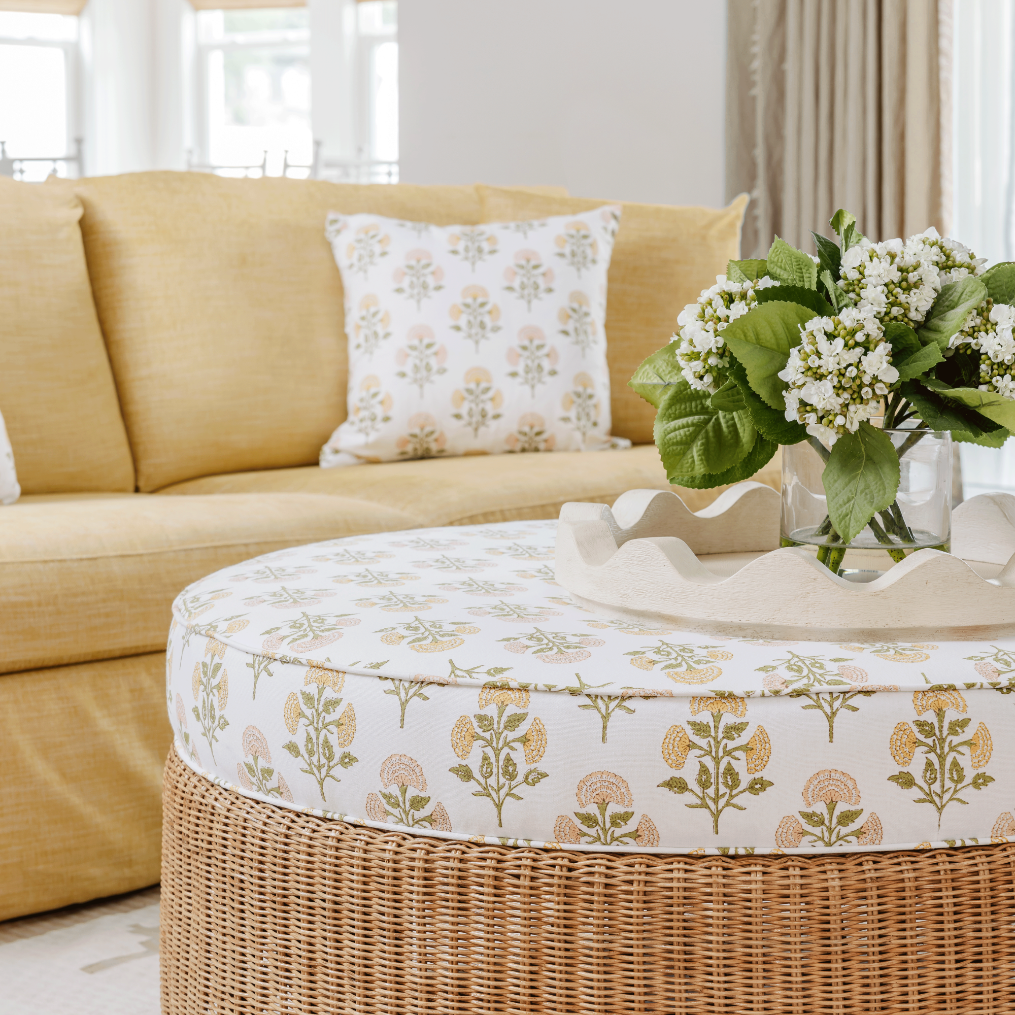 Green and White Hydrangea Bud Arrangement in Glass Vase