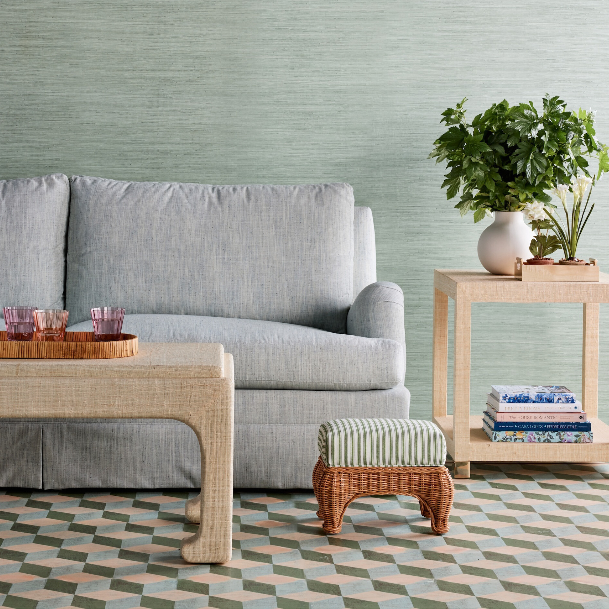 Sage Green Faux Grasscloth Peel and Stick Wallpaper