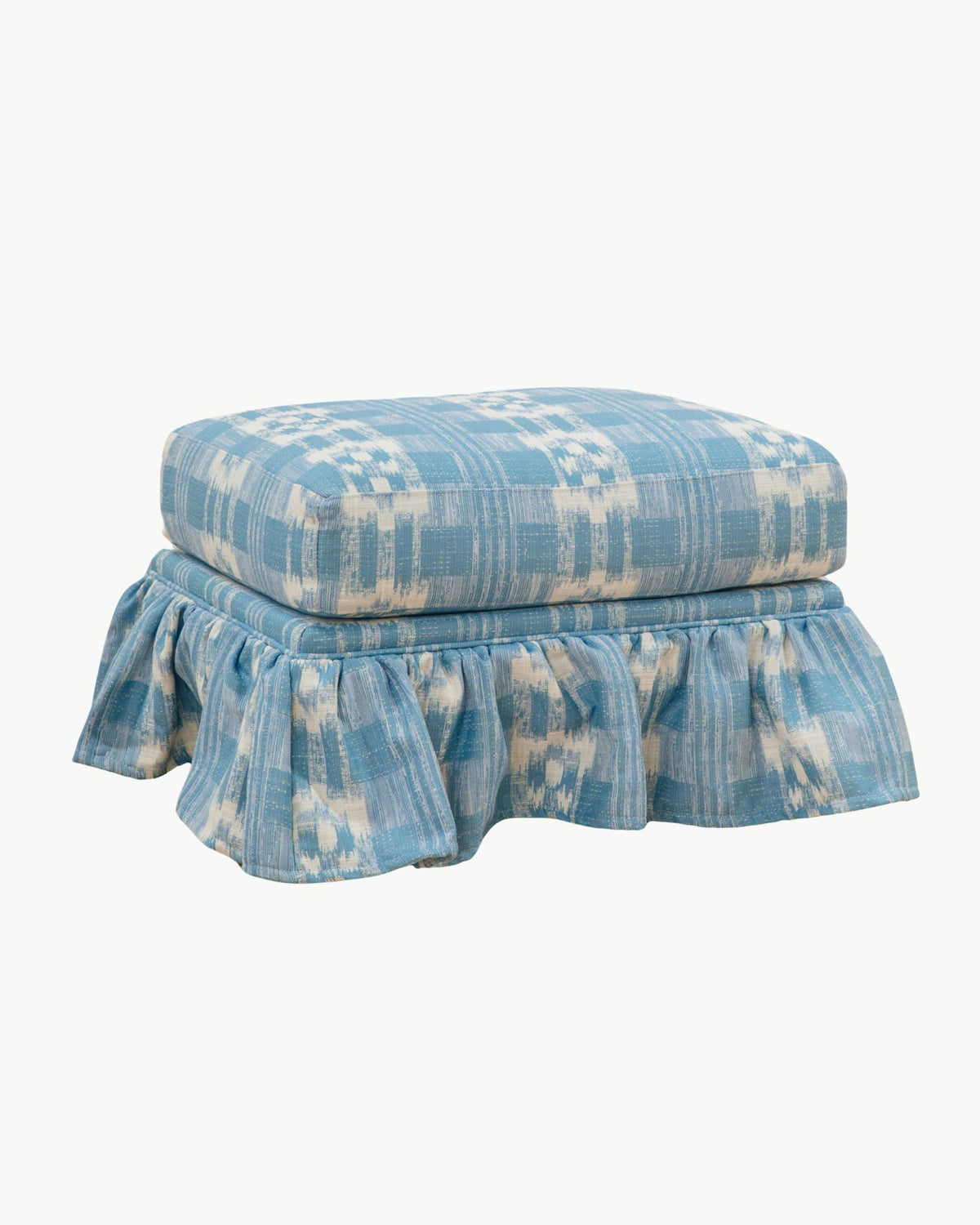 Jaimie Ruffle Ottoman in Sister Parish Mahalo Seaglass