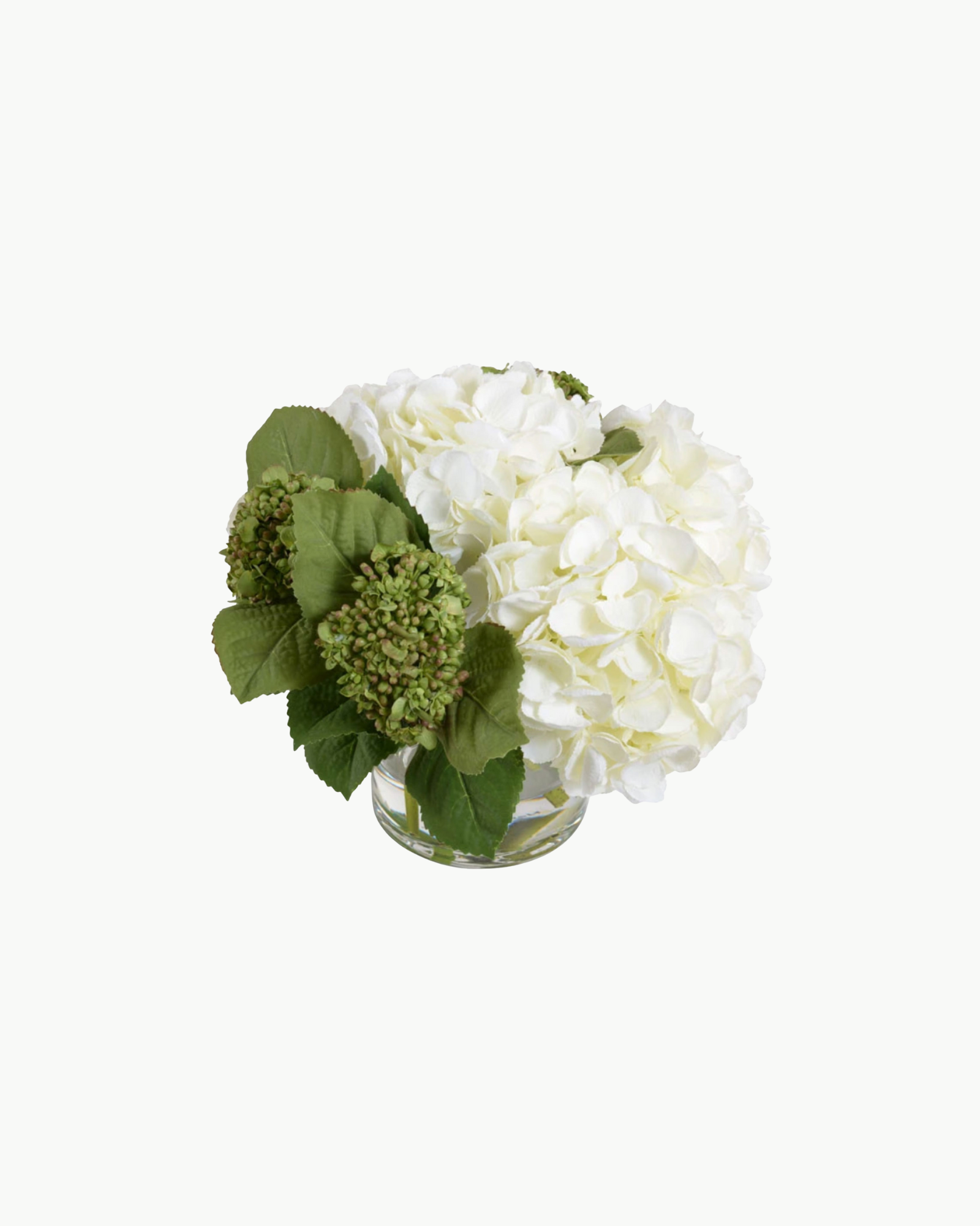 Green and White Hydrangea Bouquet in Glass Vase