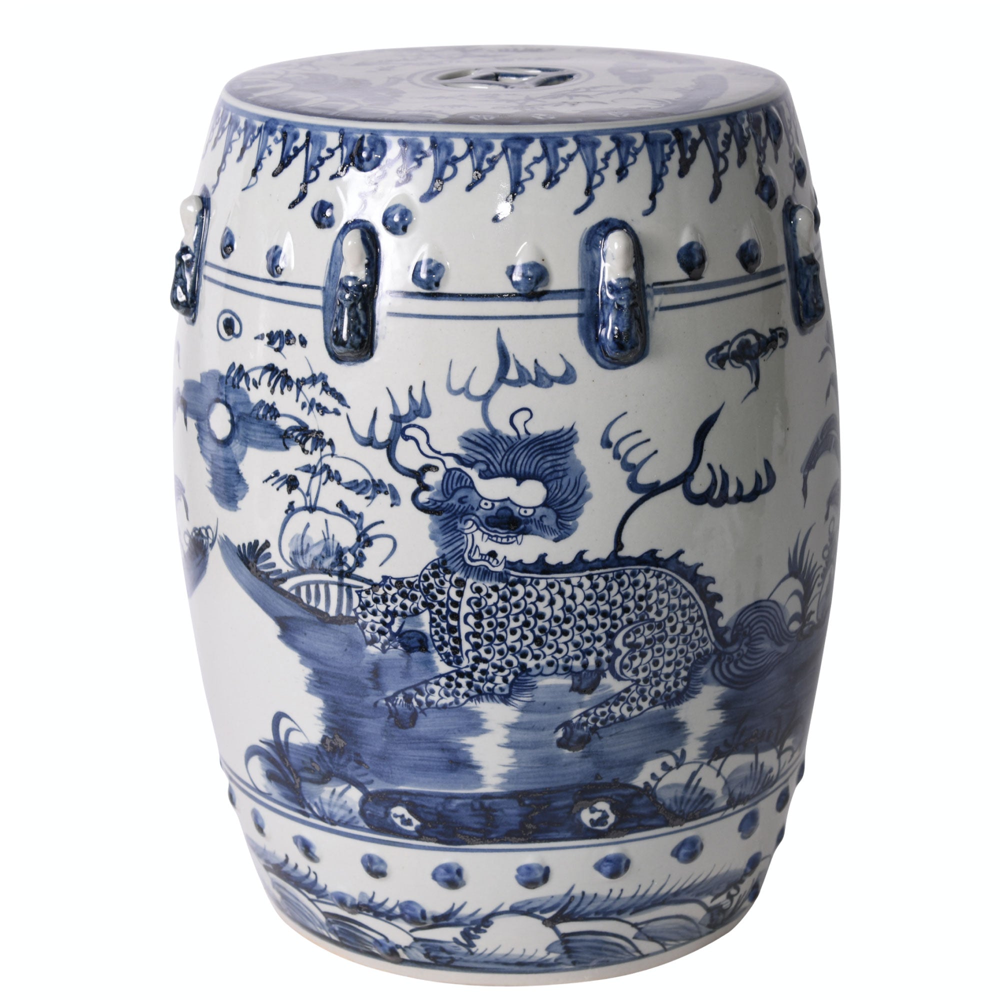 Blue and White Lion Motif Garden Stool
