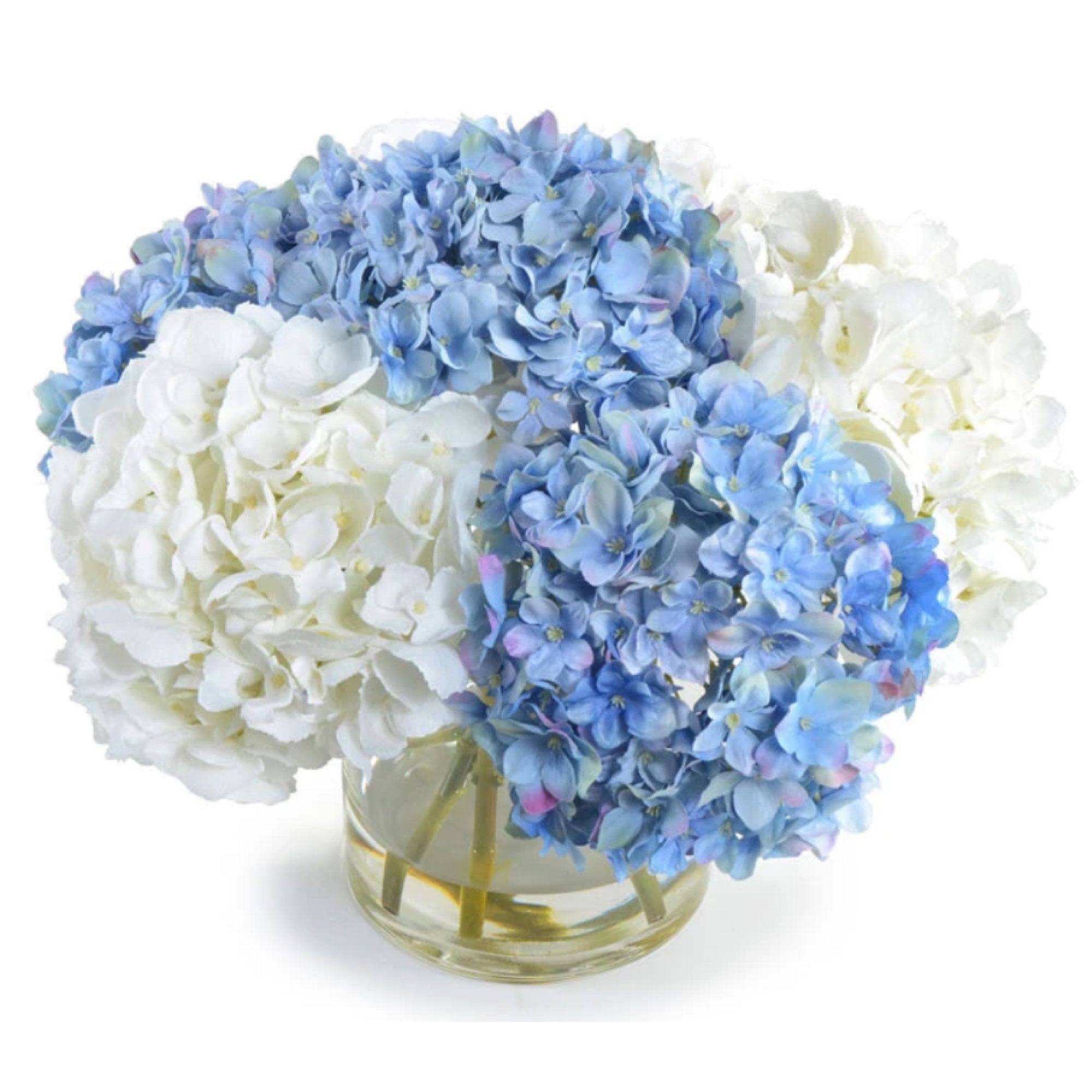Blue and White Hydrangea Bouquet in Glass Vase