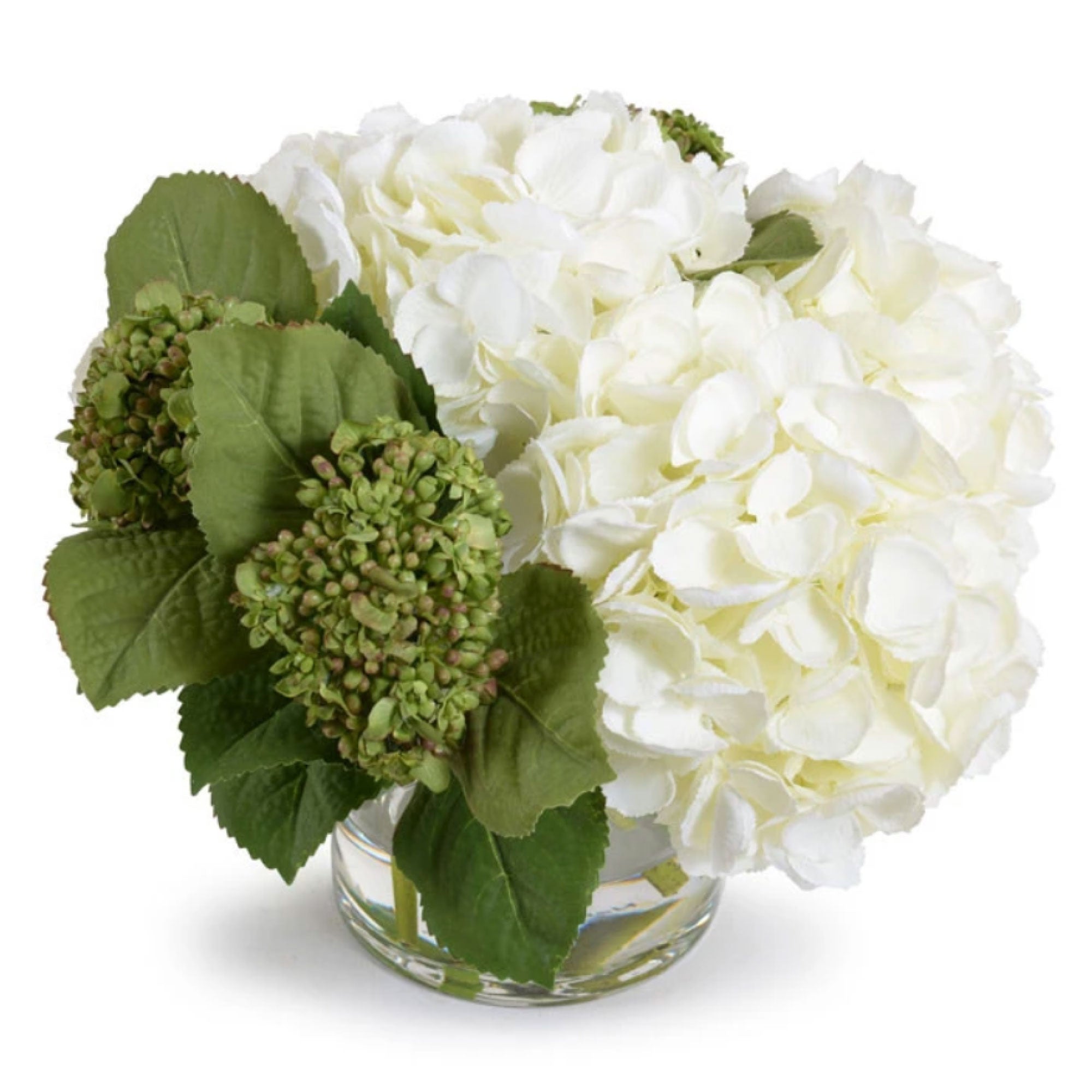 Green and White Hydrangea Bouquet in Glass Vase