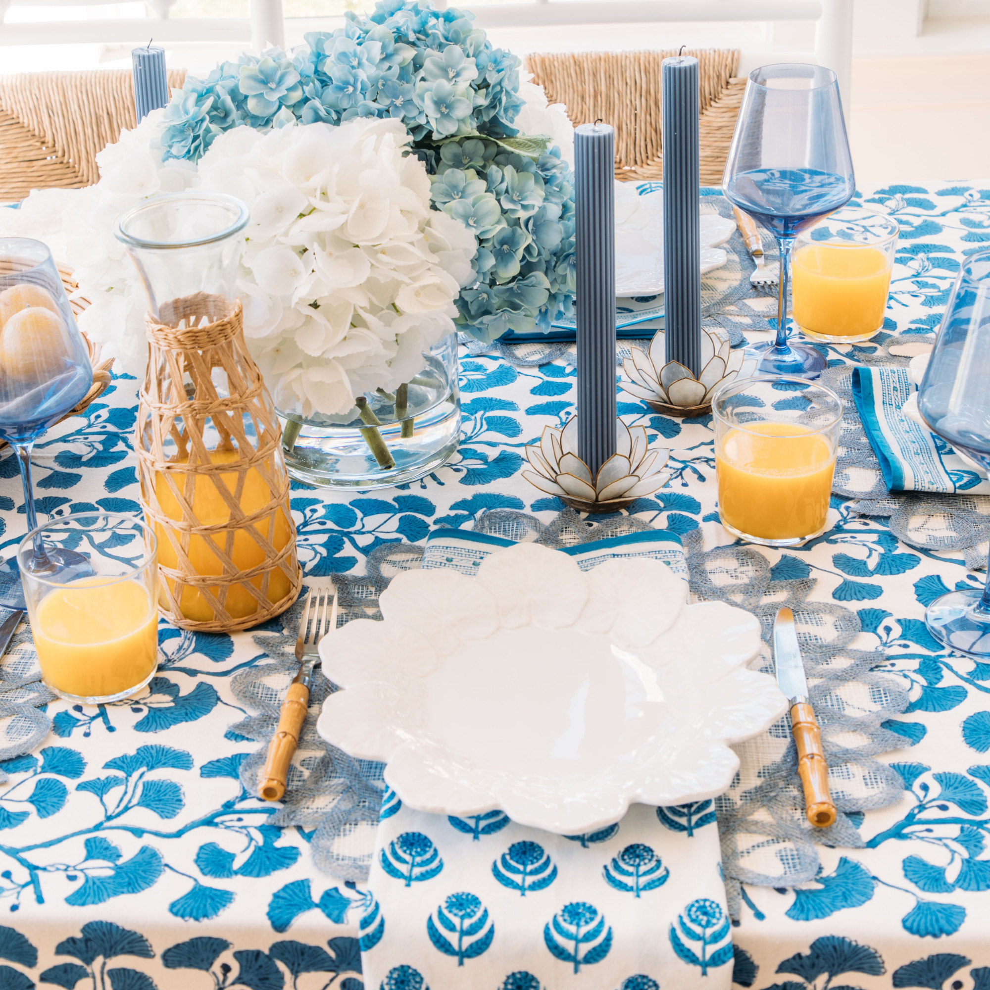 Blue and White Hydrangea Bouquet in Glass Vase