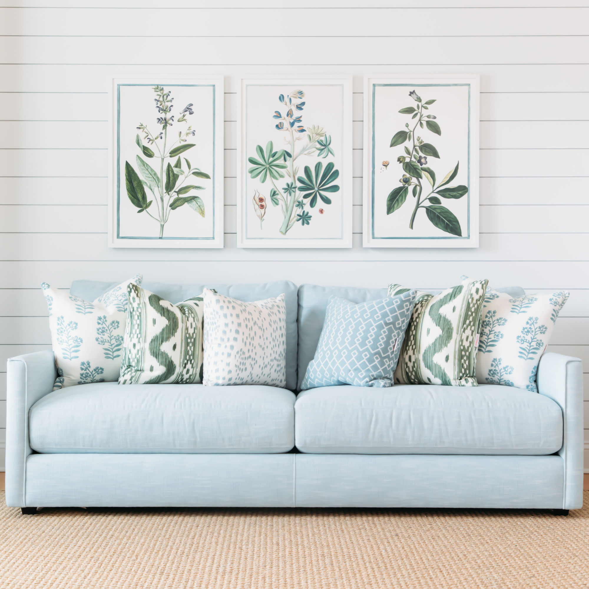 Floral Block Print Pillow Cover in Soft Blue